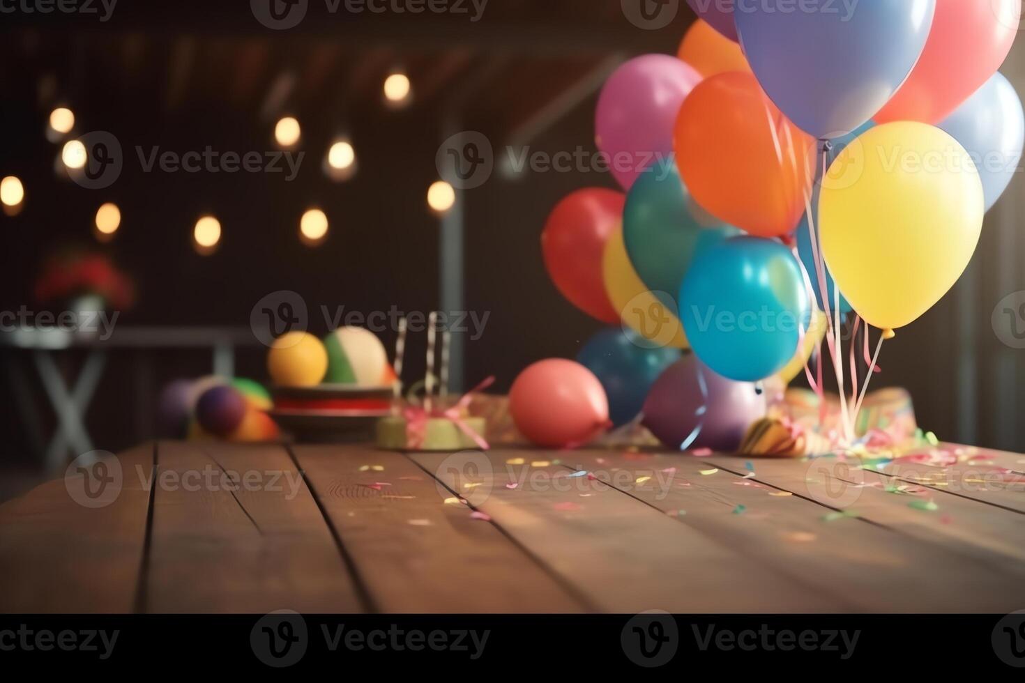 Empty wooden table top whit party birthday background blurred good product display by. photo