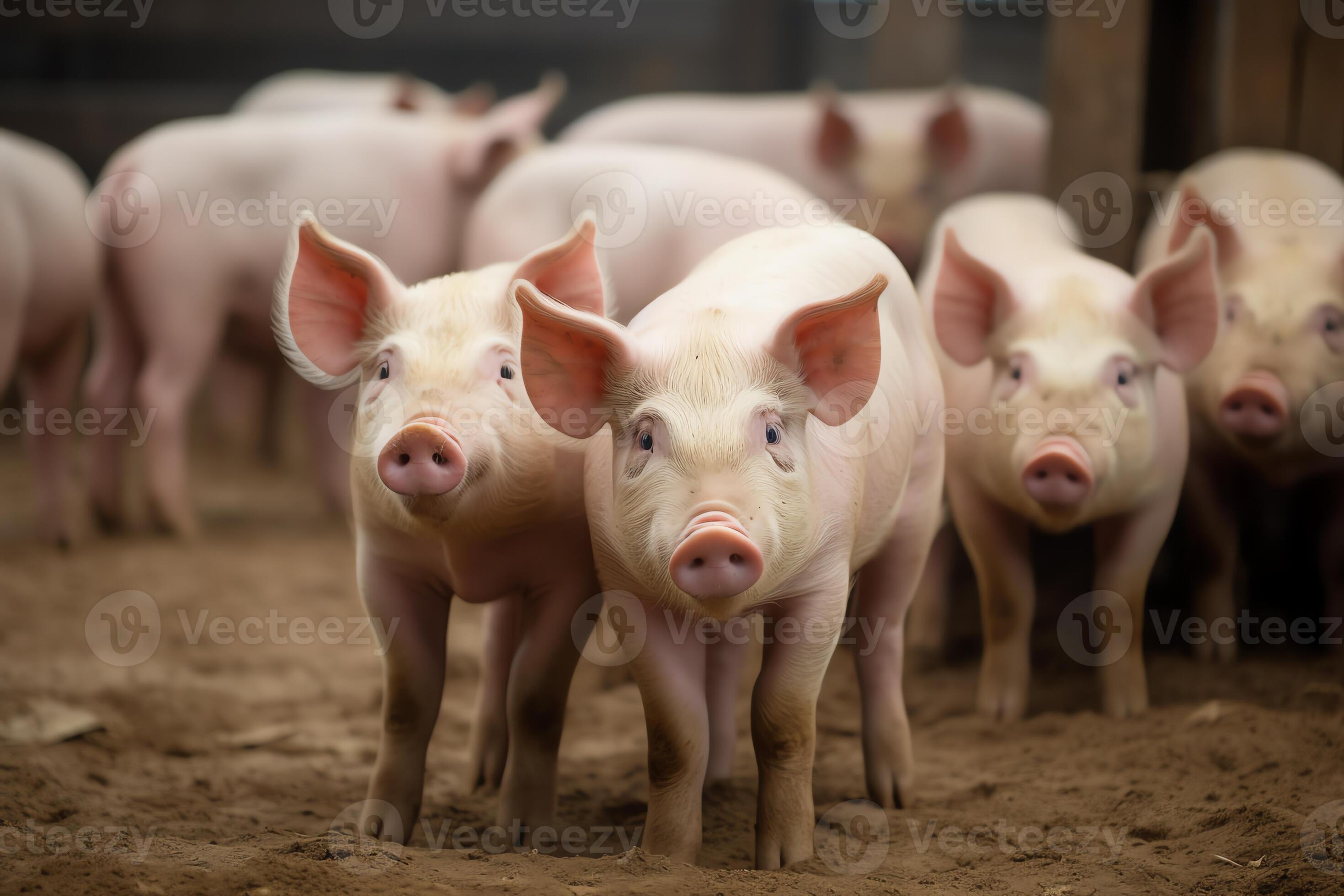 Several small and one large pig by barn at pig farm. 23378559 Stock