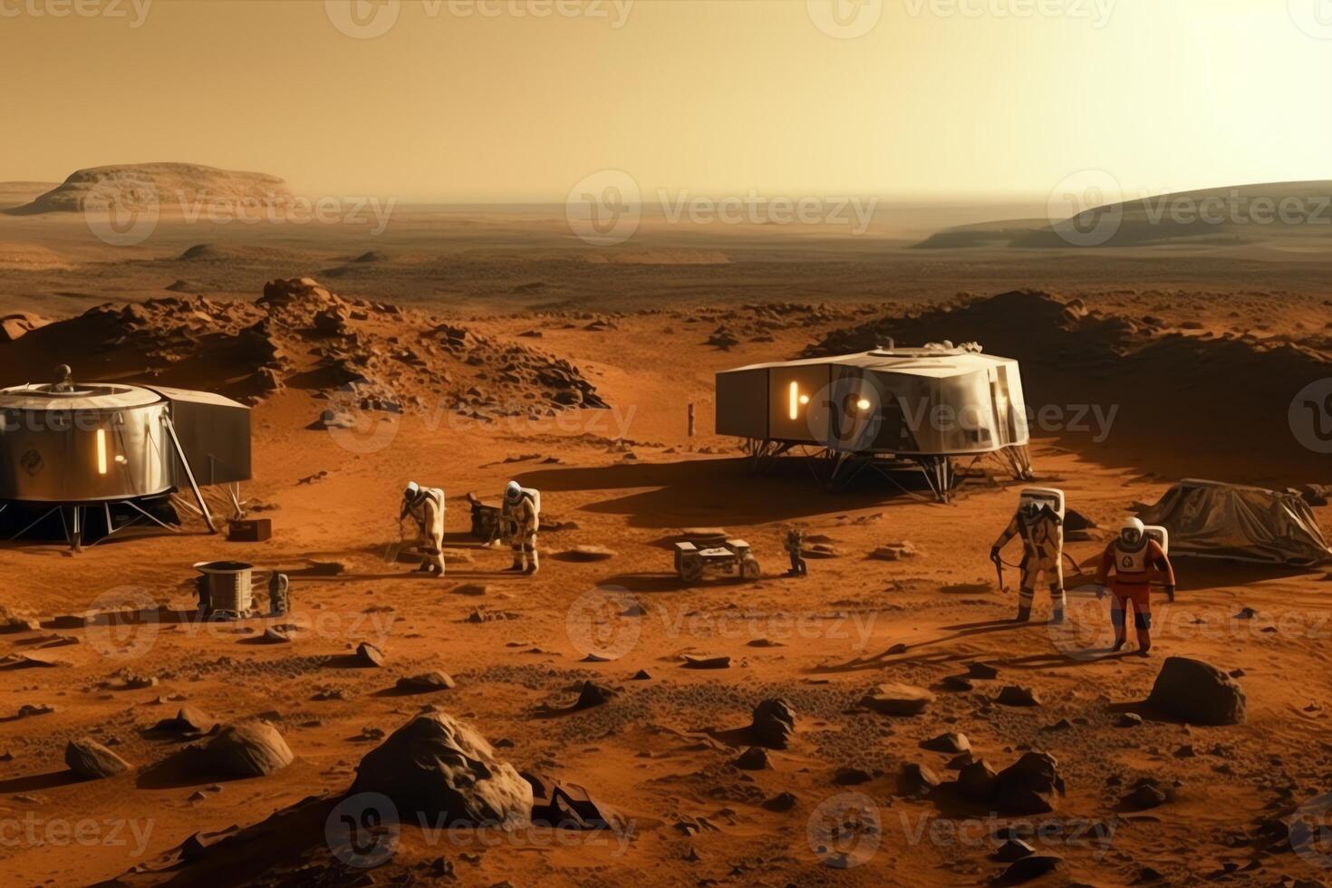 Astronaut colony on mars resting and taking in the view. photo