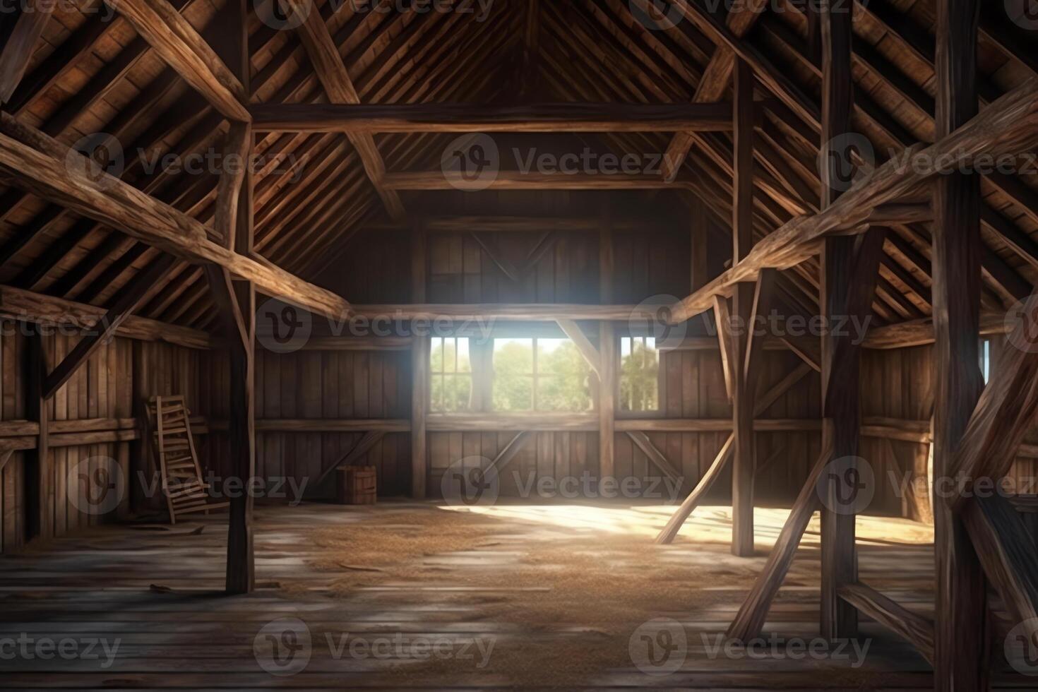 Interior of big old barn in the countryside wood beams windows background illustration digital matte painting. photo