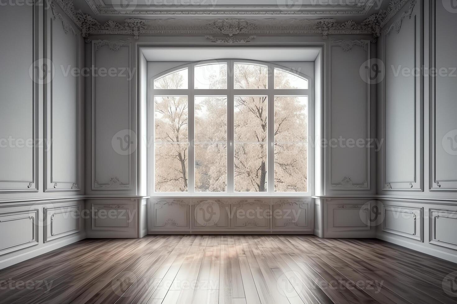 Classical empty room interior 3d render the rooms have wooden floors and gray walls decorate with white moulding there are white window looking out to the nature view. photo