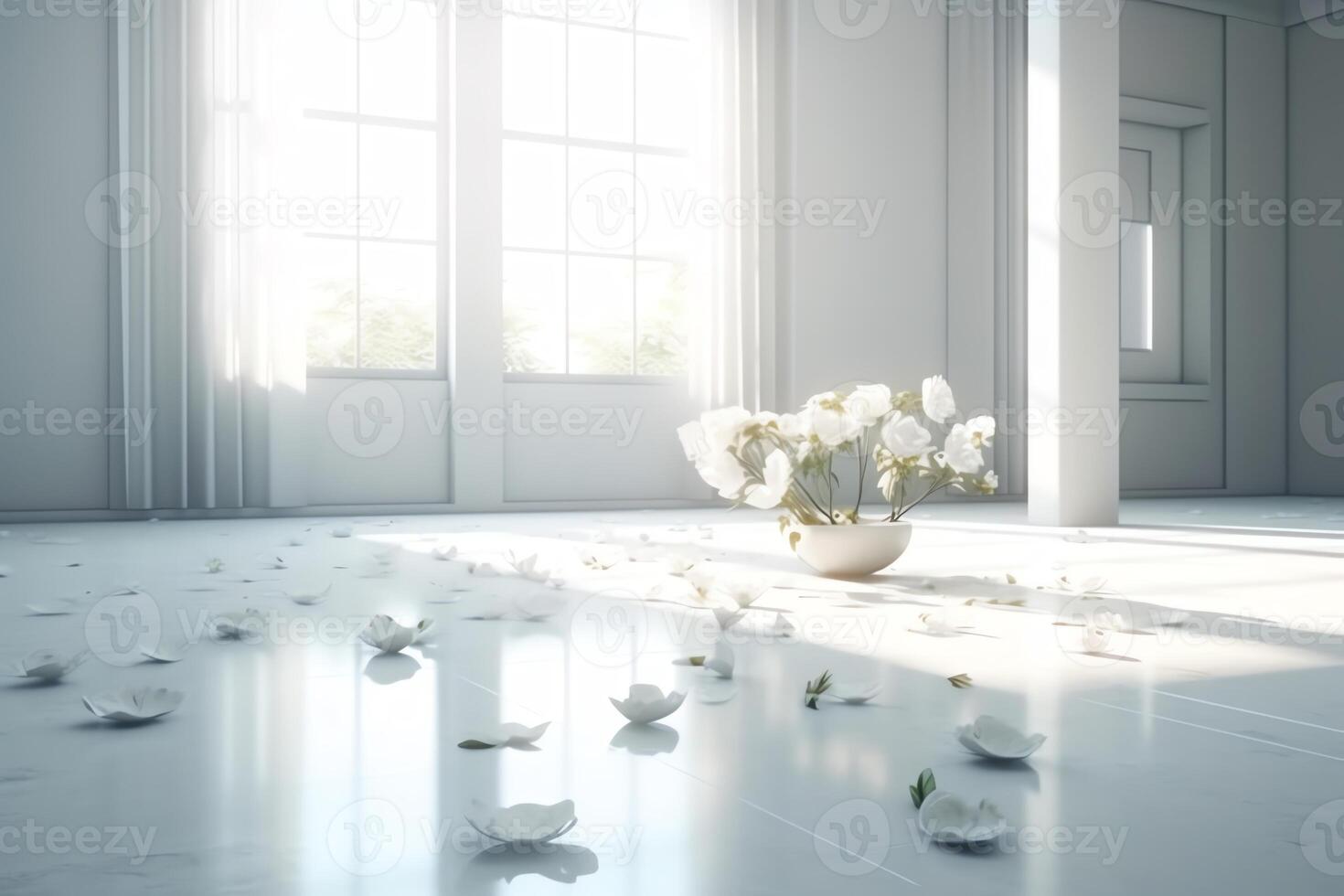 White flower in empty room on sunshine day artwork room rent or other room interior simple design 3d rendering. photo