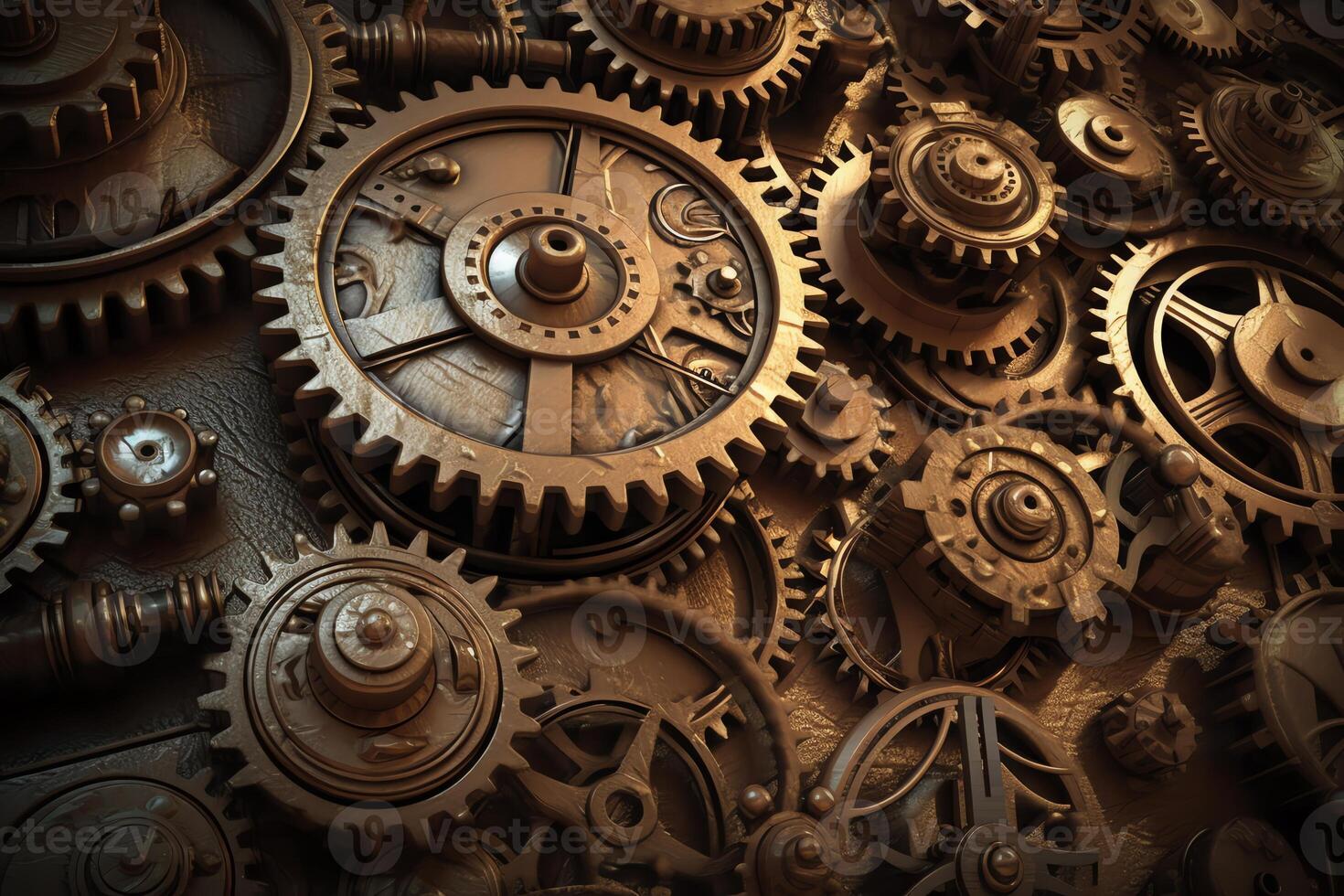 Steam punk metal background with gears and cogs 3d illustration. photo