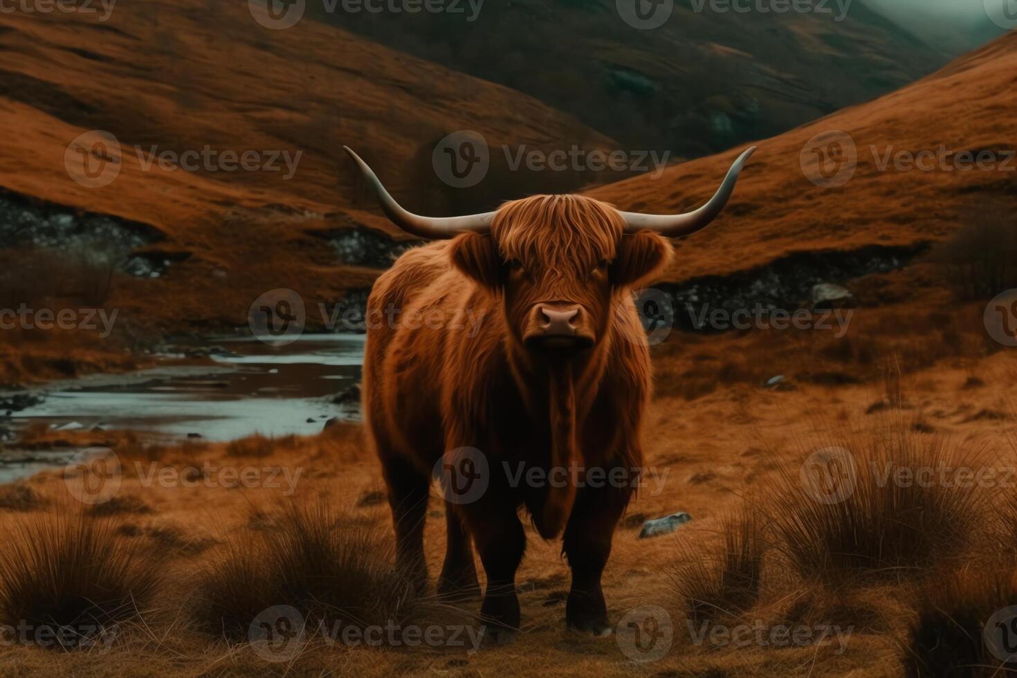 Highland cow in scotland valley. photo