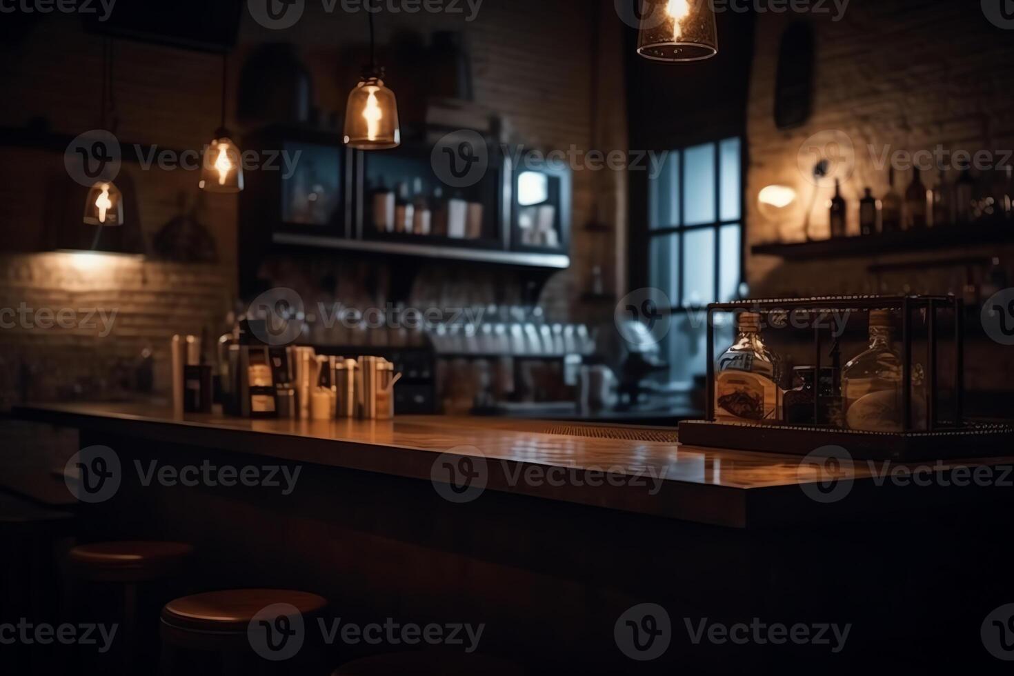 Bar counter blurred dark background background menu and special offers. photo
