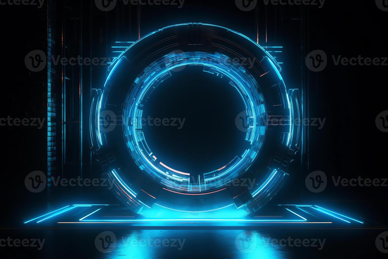 Futuristic blue glowing neon round portal sci fi metal construction. photo