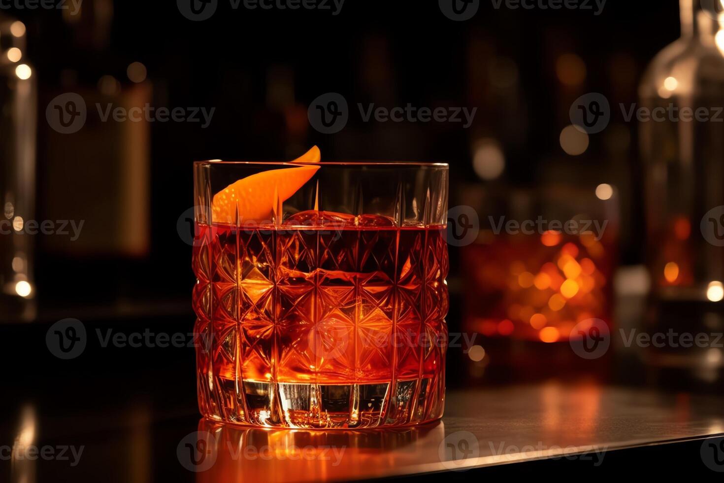 Negroni cocktail with the beautiful reflection of the bar lights on a mirrored surface. photo