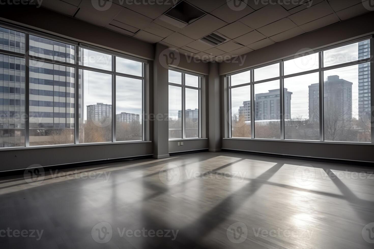 Empty room corner view with large windows. photo