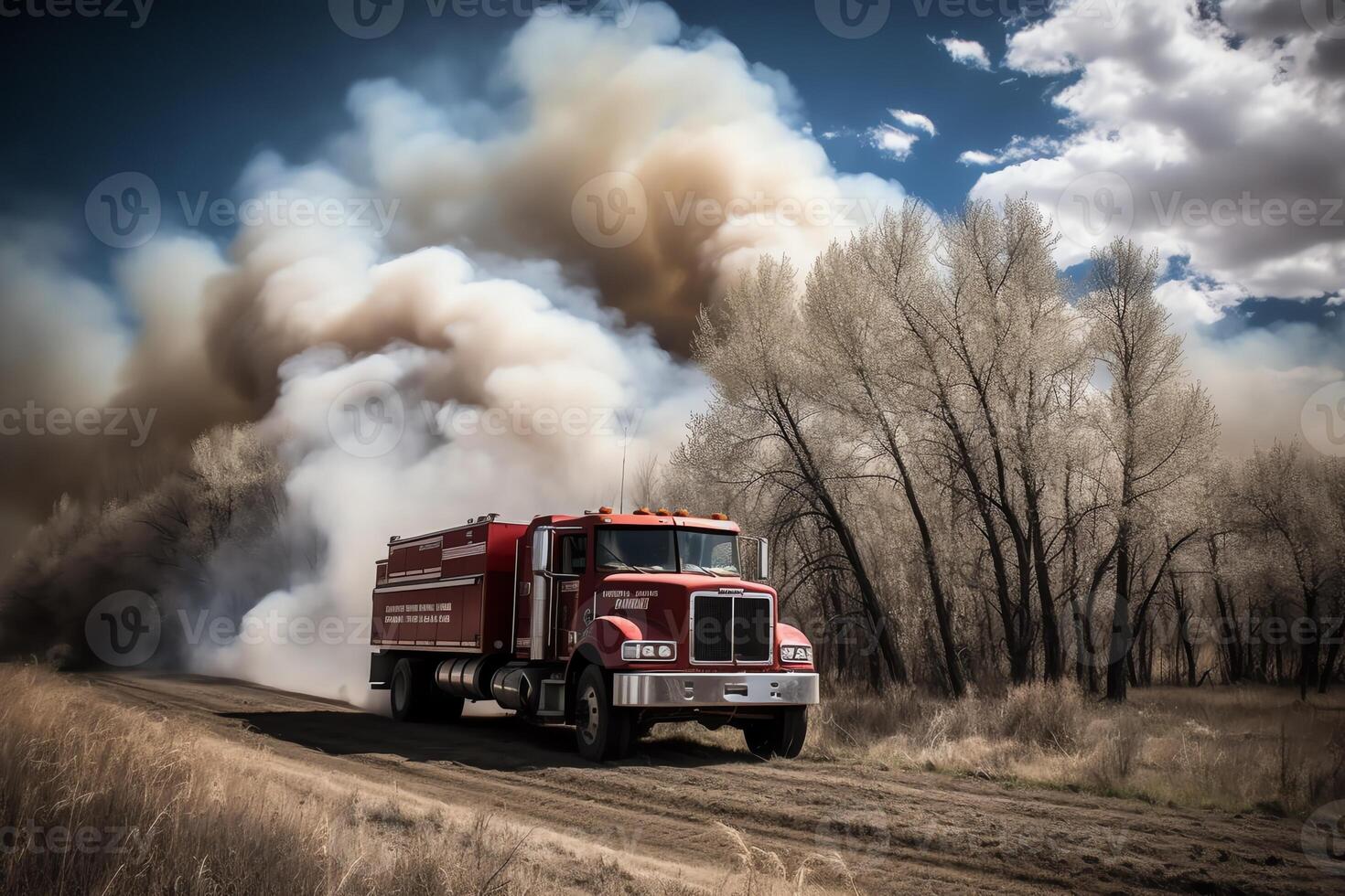 Fire truck in the burning est earth day. photo