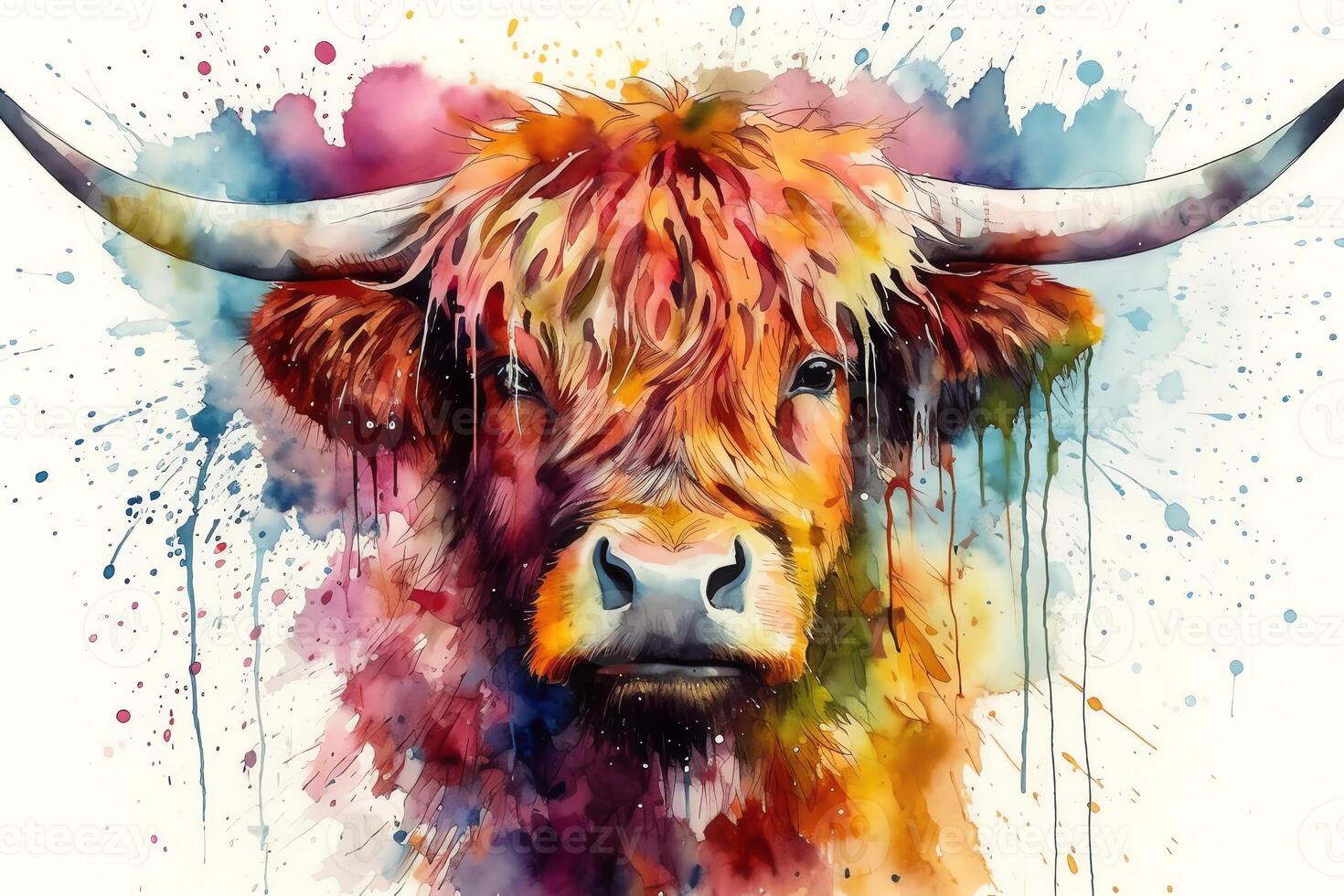 A rainbow highland cow watercolor. photo