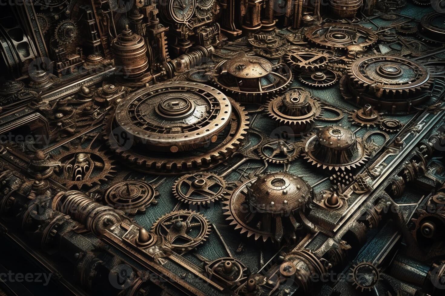 Steam punk metal background with gears and cogs 3d illustration. photo