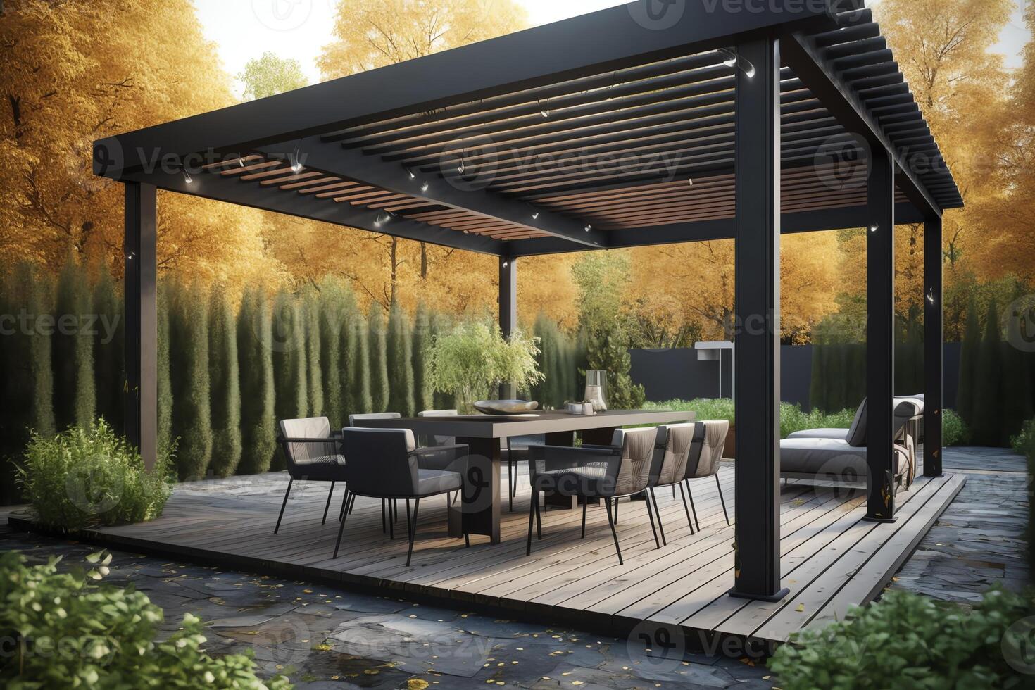 Modern patio furniture include a pergola shade structure an awning a patio roof a dining table seats and a metal grill. photo
