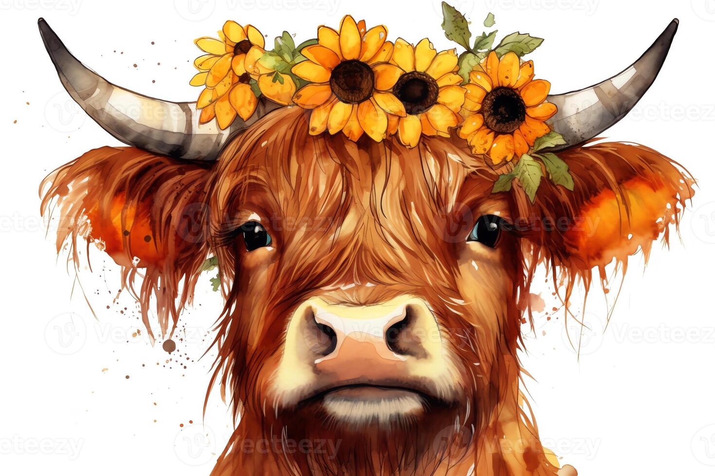 girasoles vaca cabeza clipart hermosa flores en tierras altas vacas ai generado foto