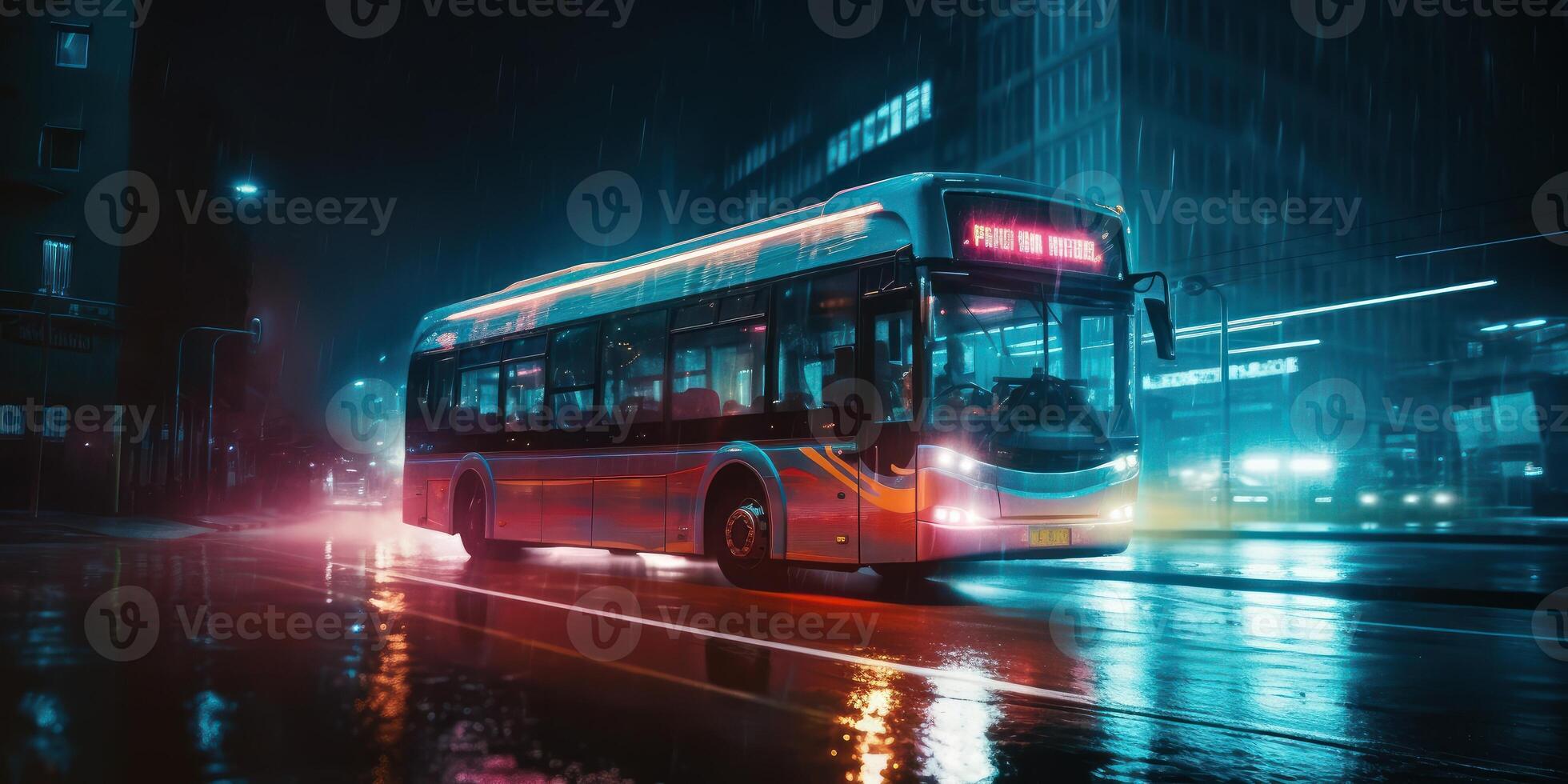 Bus driving on the road at night with glowing neon lights motion blur background. photo