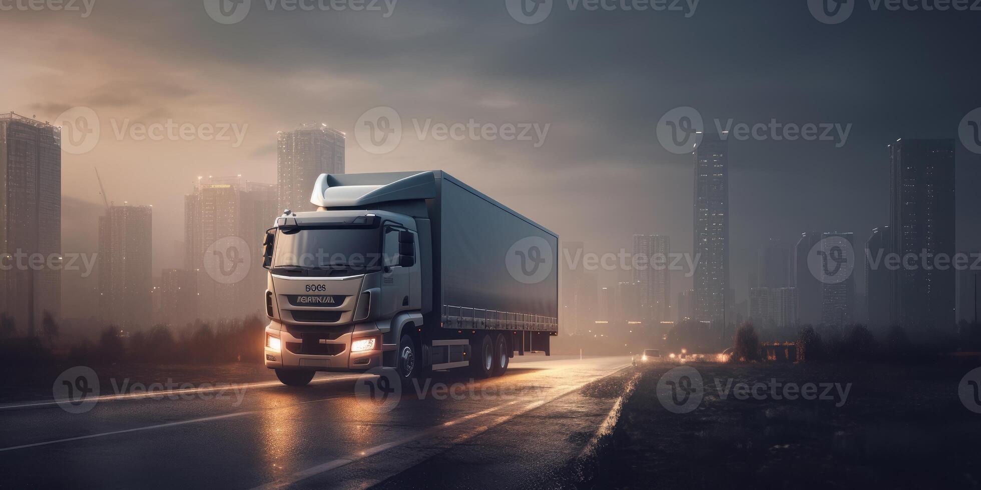 Truck driving on the road with cityscape motion blur background. photo