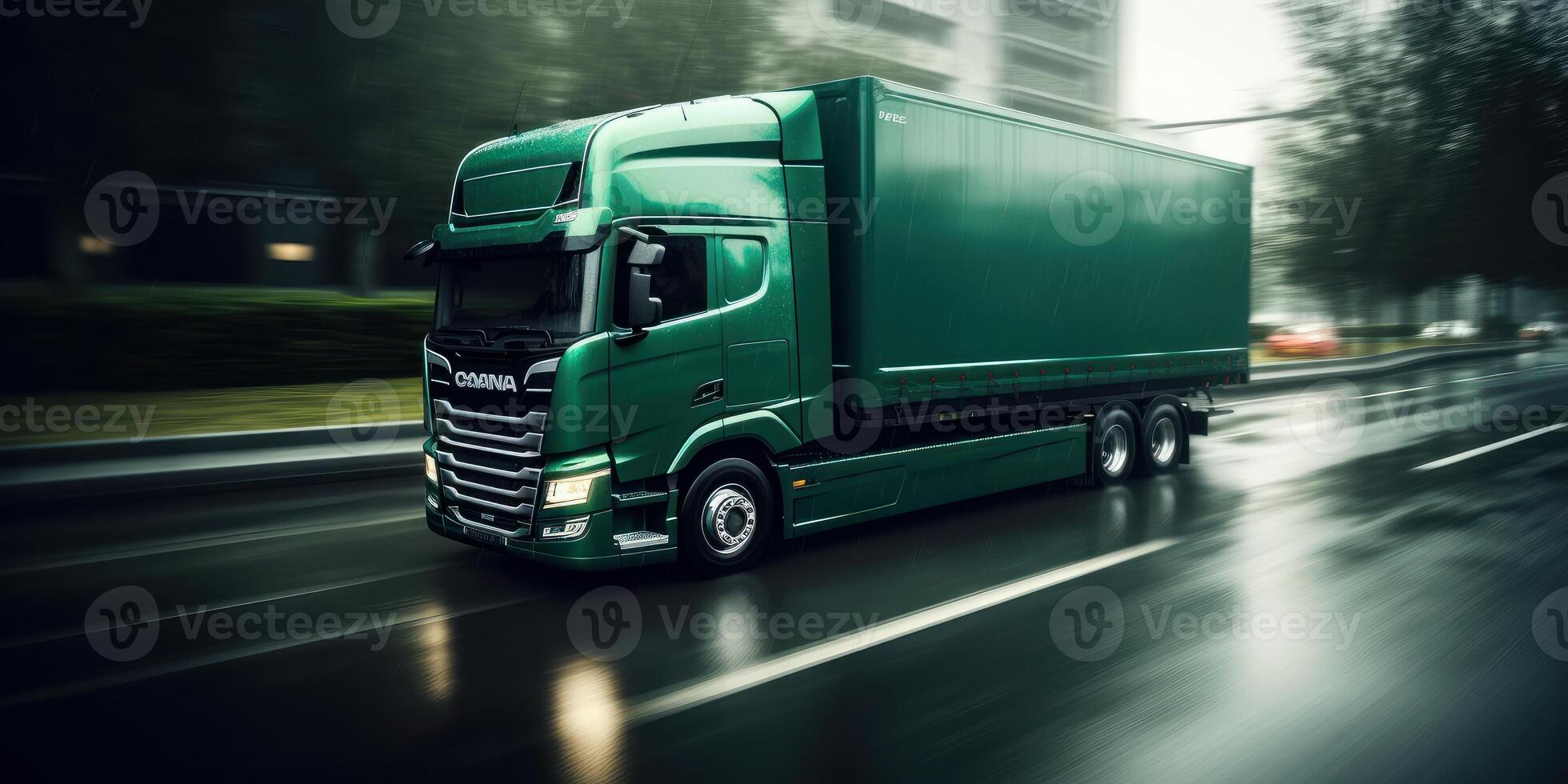 Truck with cargo driving on the road motion blur background. photo
