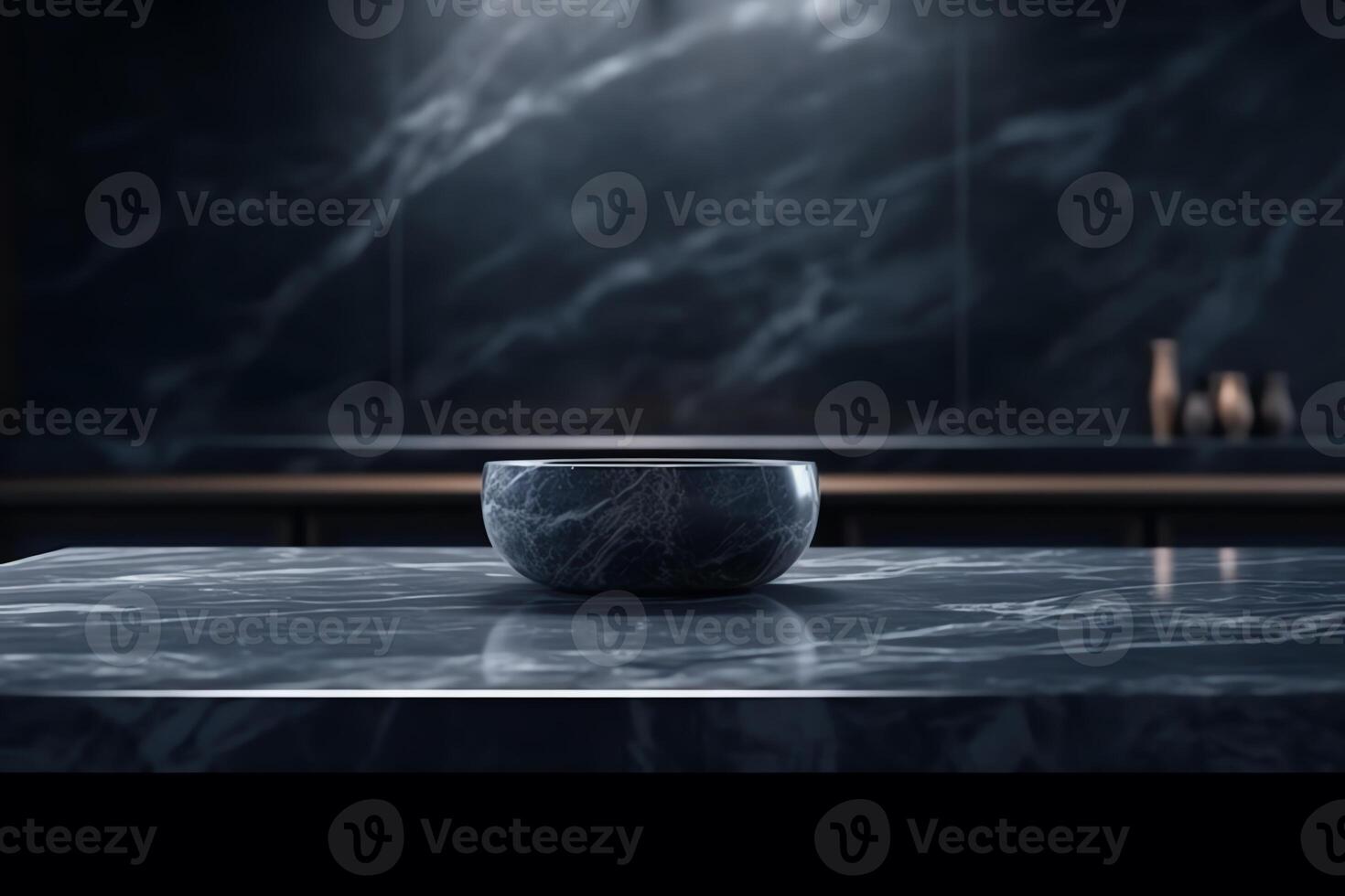Modern empty dark marble table top or kitchen island on blurry bokeh kitchen room interior background montage product display digital ai art. photo