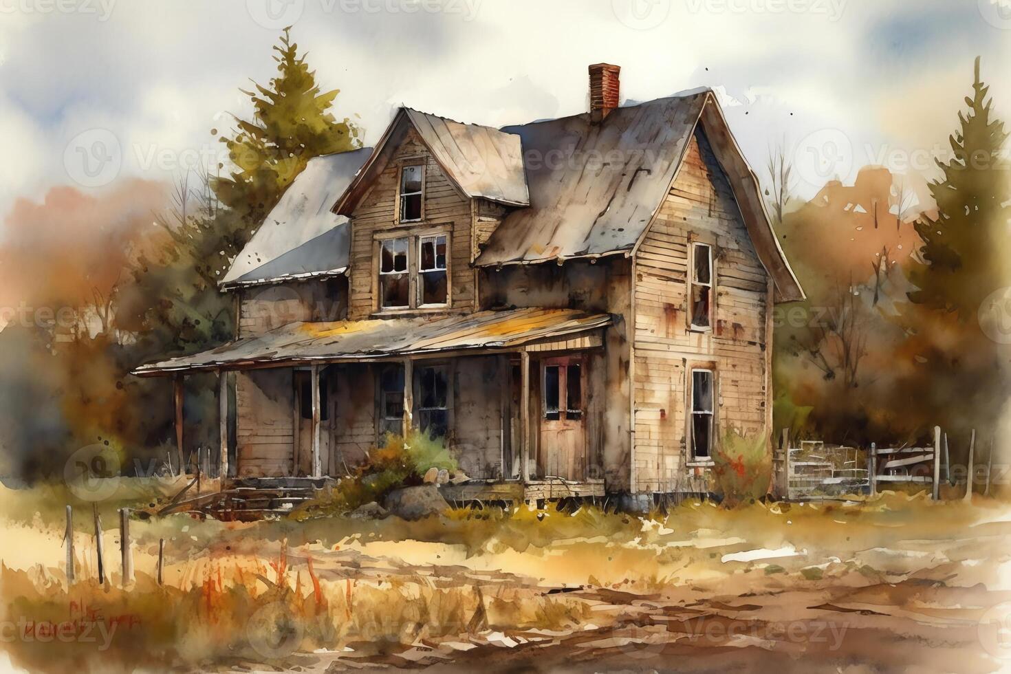 Old barn cottage in watercolor. photo