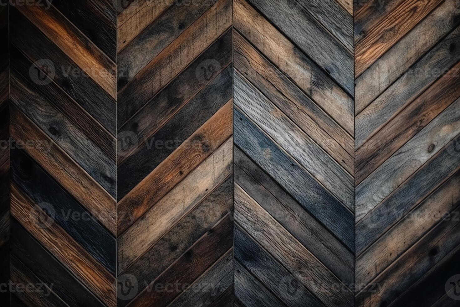 Old shabby wooden wall panel made of barn boards dark wood texture wooden background with chevron pattern. photo