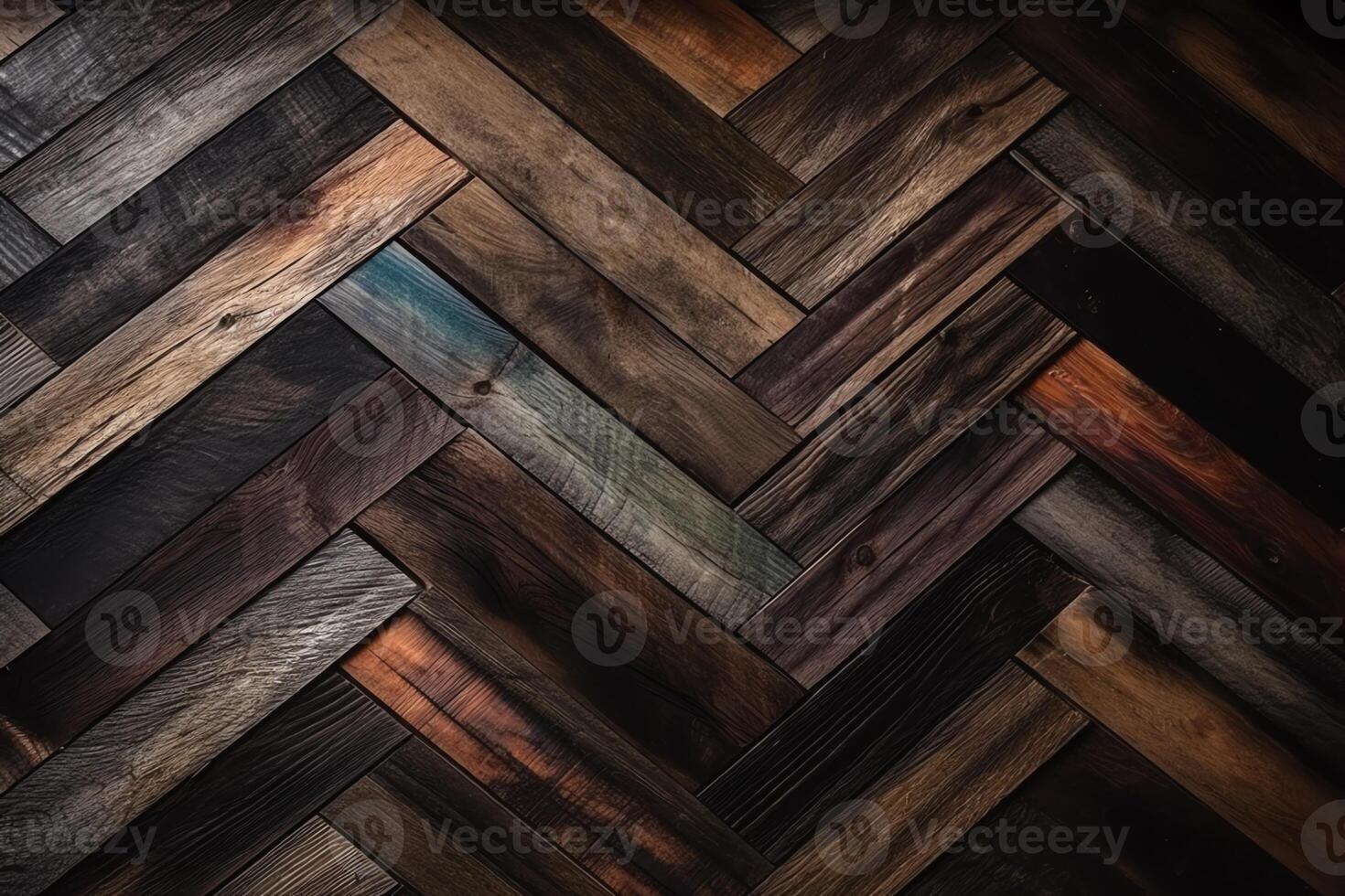 Old shabby wooden wall panel made of barn boards dark wood texture wooden background with chevron pattern. photo