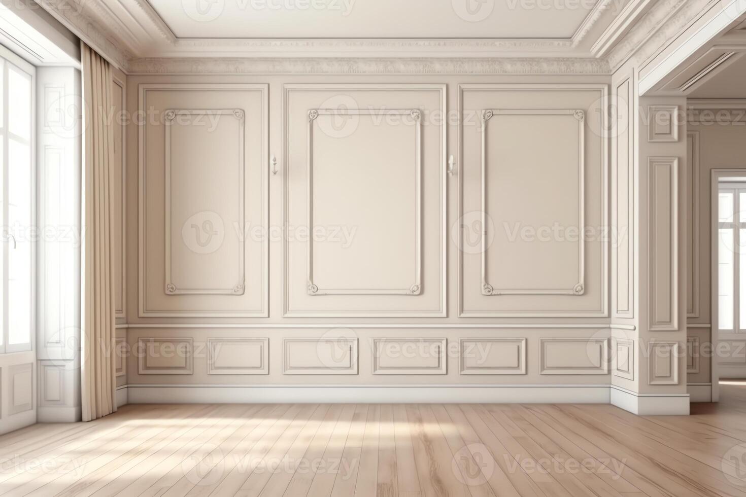 Contemporary beige white bright empty interior with wall panel and moldings 3d render illustration mockup. photo