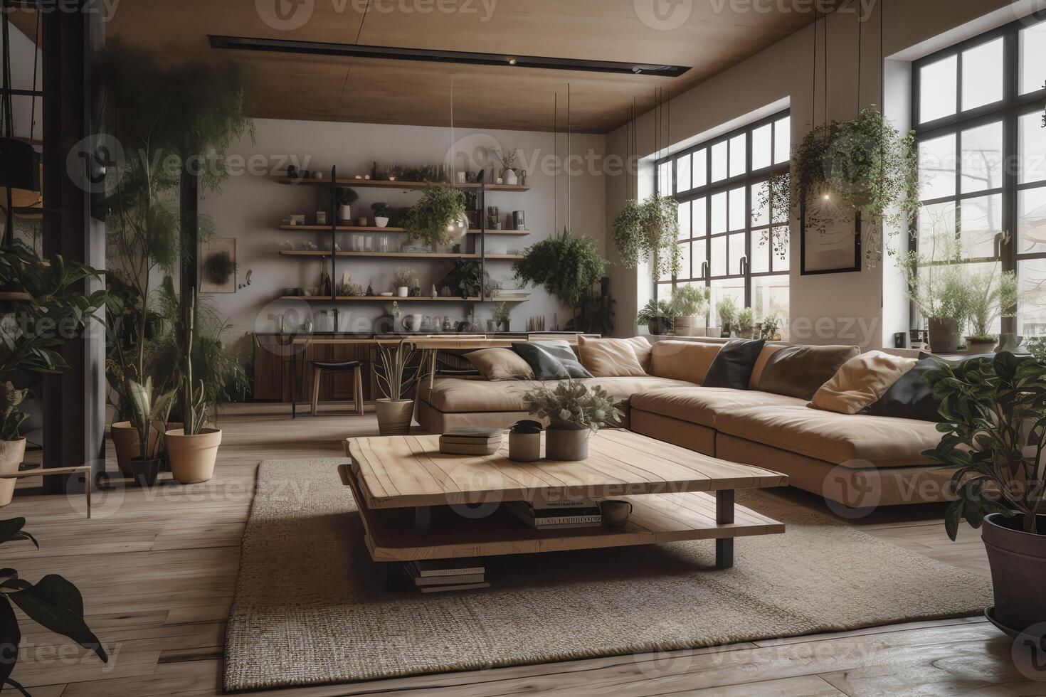 Com table and casual living room interior design with a large sectional natural wood accents and indoor plants. photo