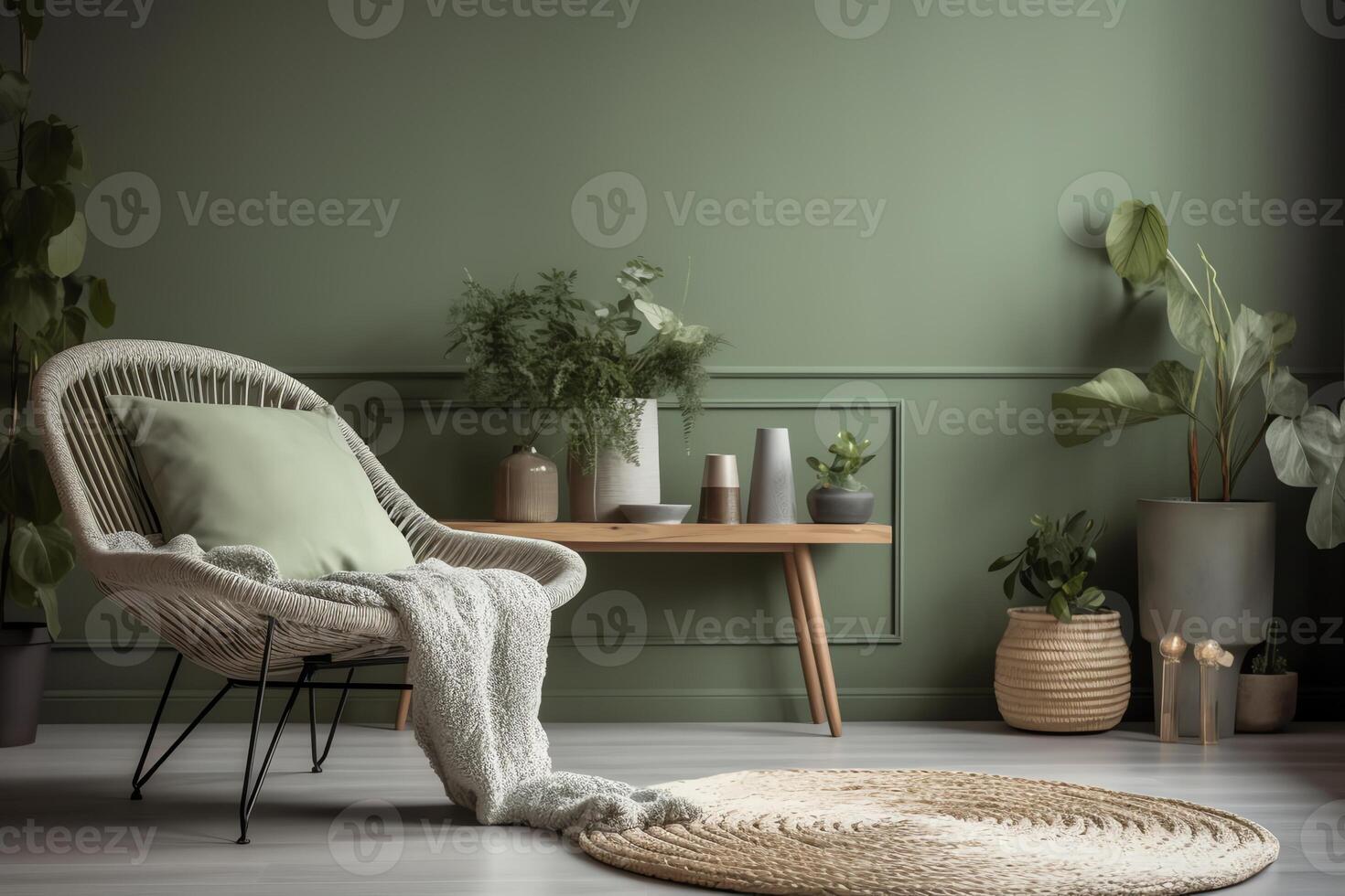 moderno acogedor vivo habitación con monocromo sabio verde pared contemporáneo interior diseño con de moda pared color mesa casa plantas y silla. ai generado foto