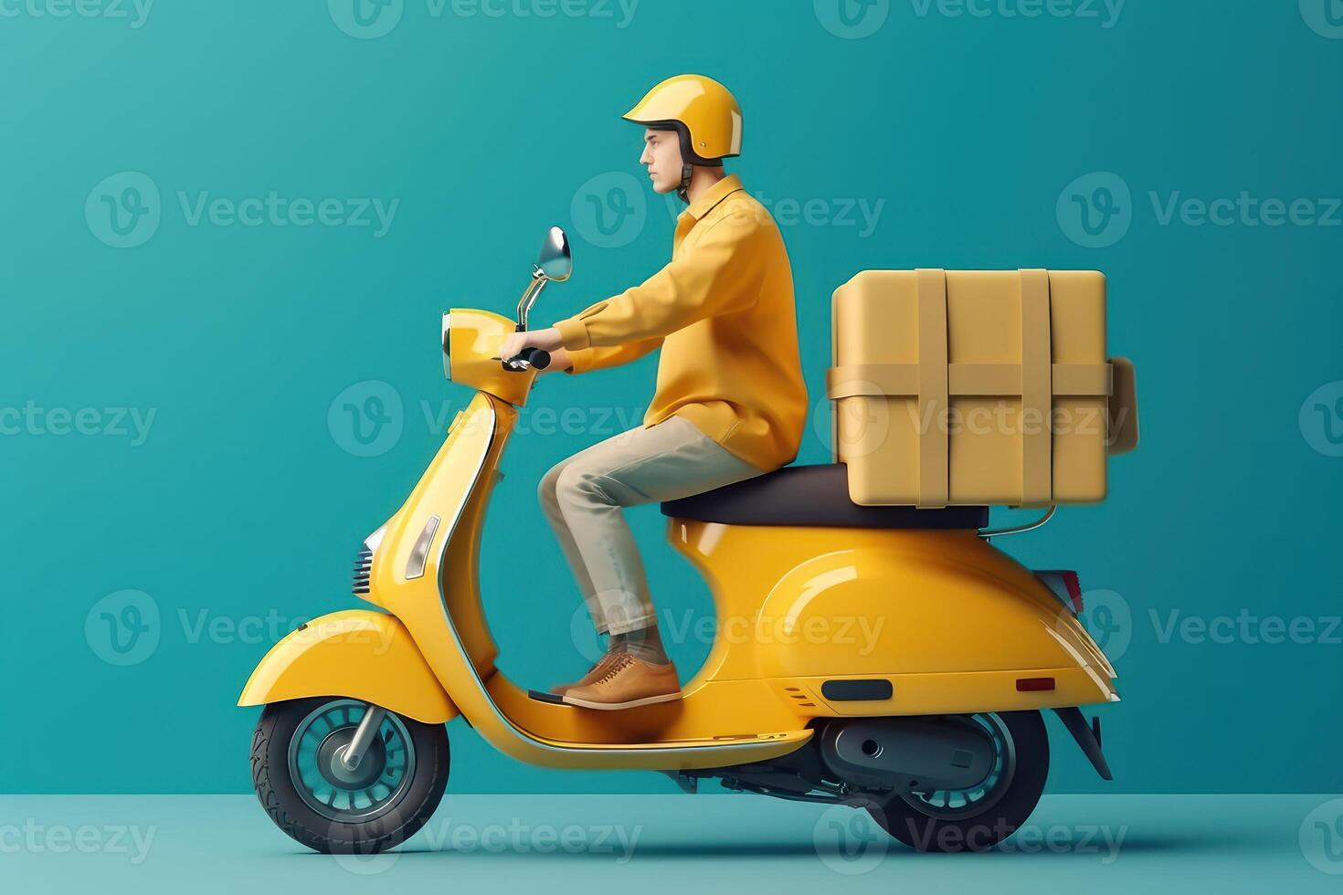 Delivery man ride scooter motorcycle for online delivery service on blue background. photo