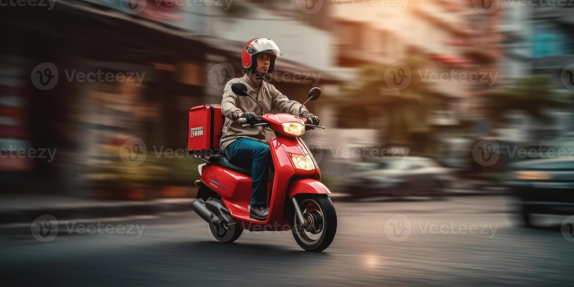 Delivery man ride scooter motorcycle with motion blur cityscape background. photo