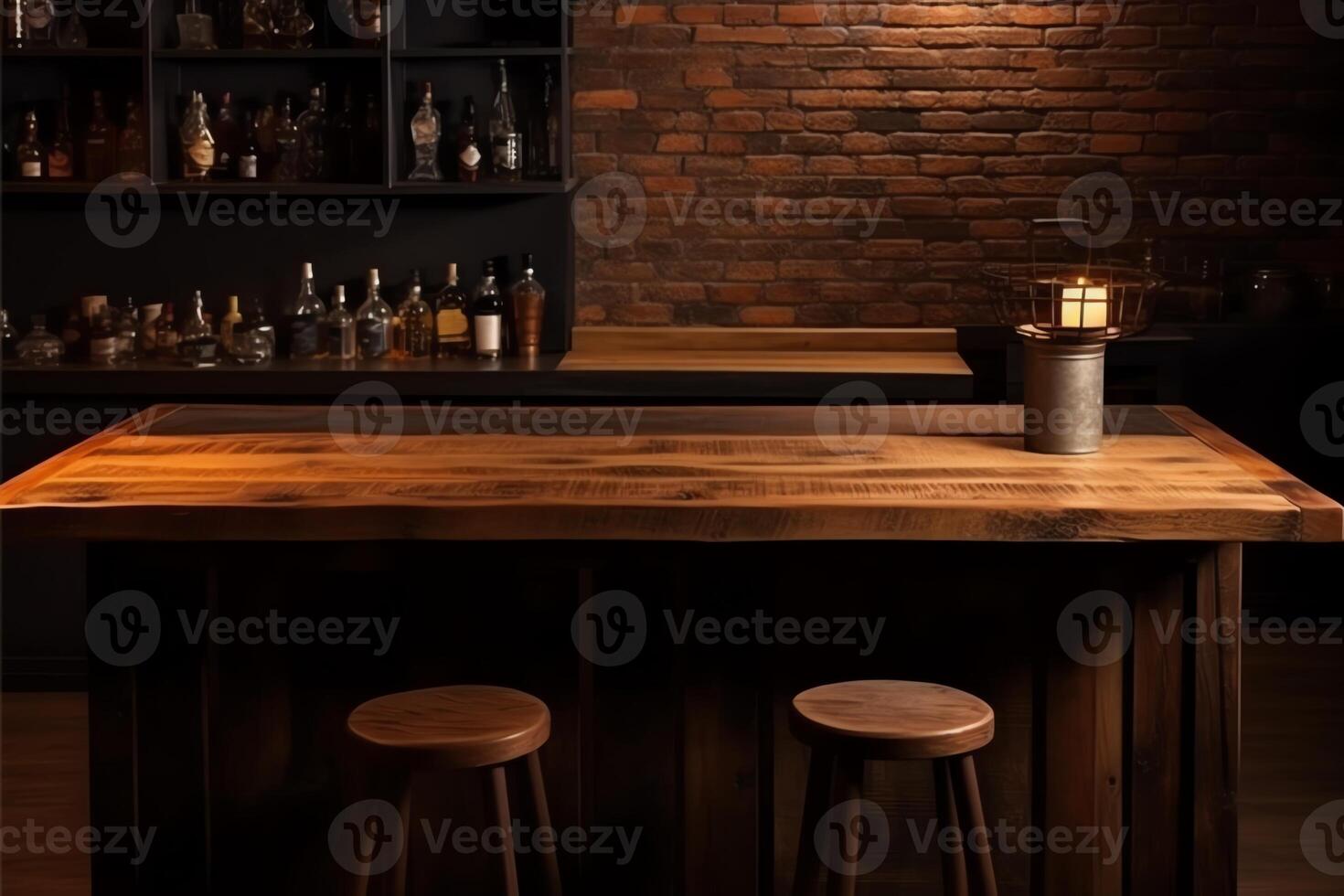 Pub bar counter with wooden table background. photo