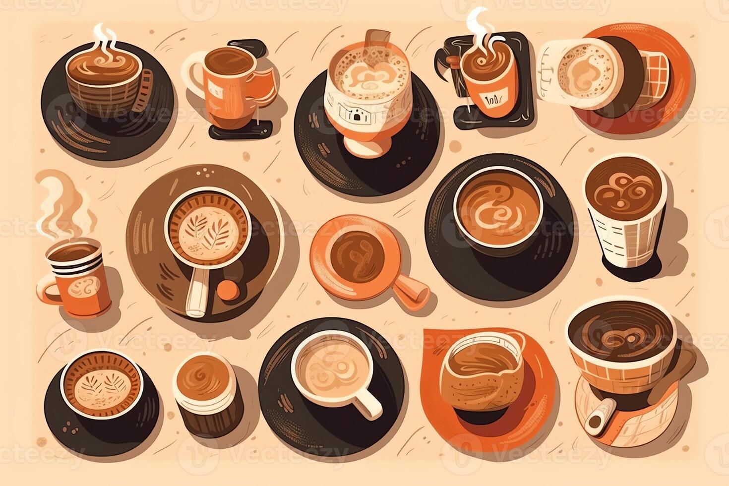 Coffee set illustrations of various coffees and coffee mugs cardboard