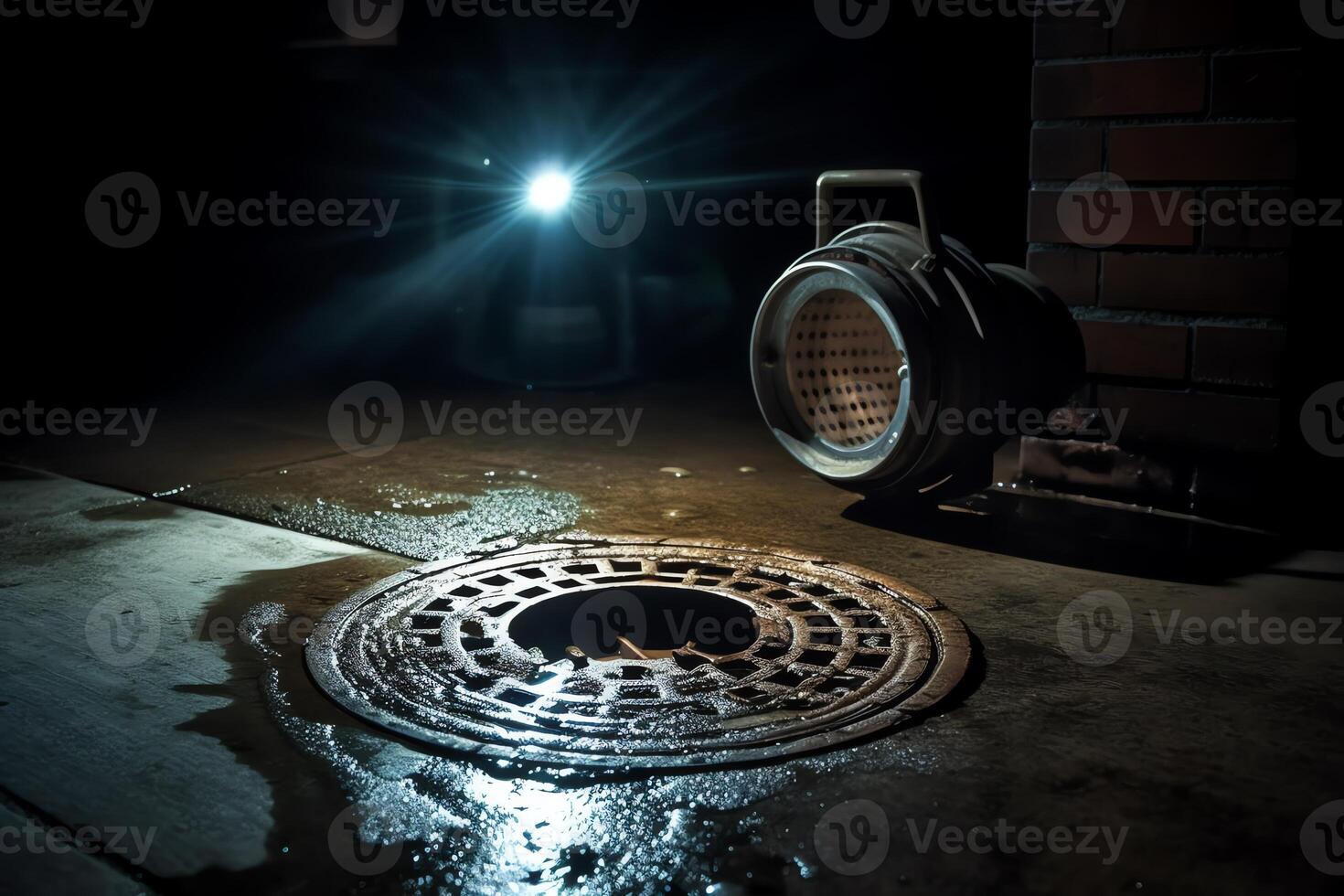 Sump pump manhole with water backup viewed with a flashlight. photo