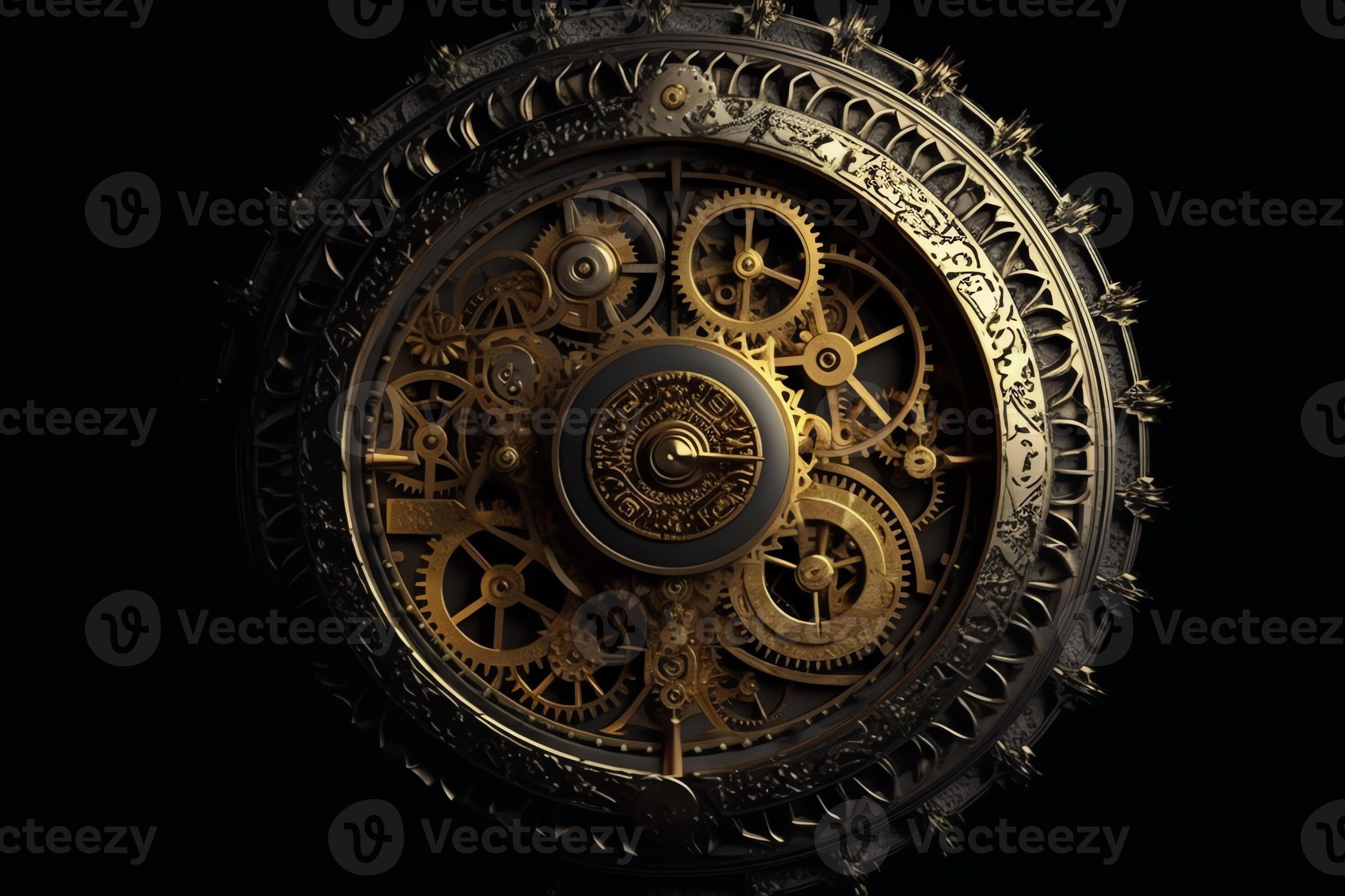 Golden black old clock close up at front view on dark background with