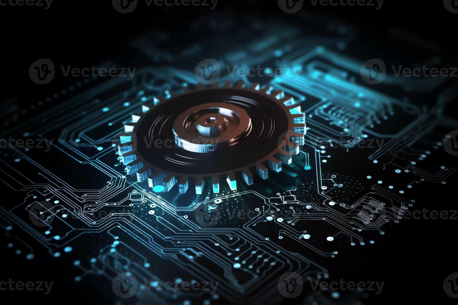 Gear wheel on the circuit board illustration hitech engineering and digital engineer concept web template business tech business team. photo