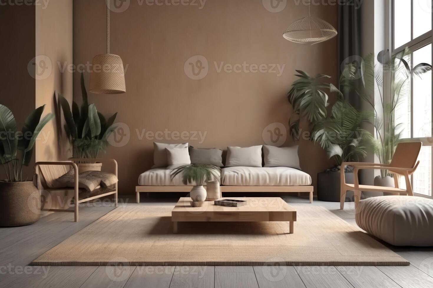 moderno vivo habitación interior con beige pared gris y de madera mueble y tropical plantas con palma hojas 3d representación. ai generado foto