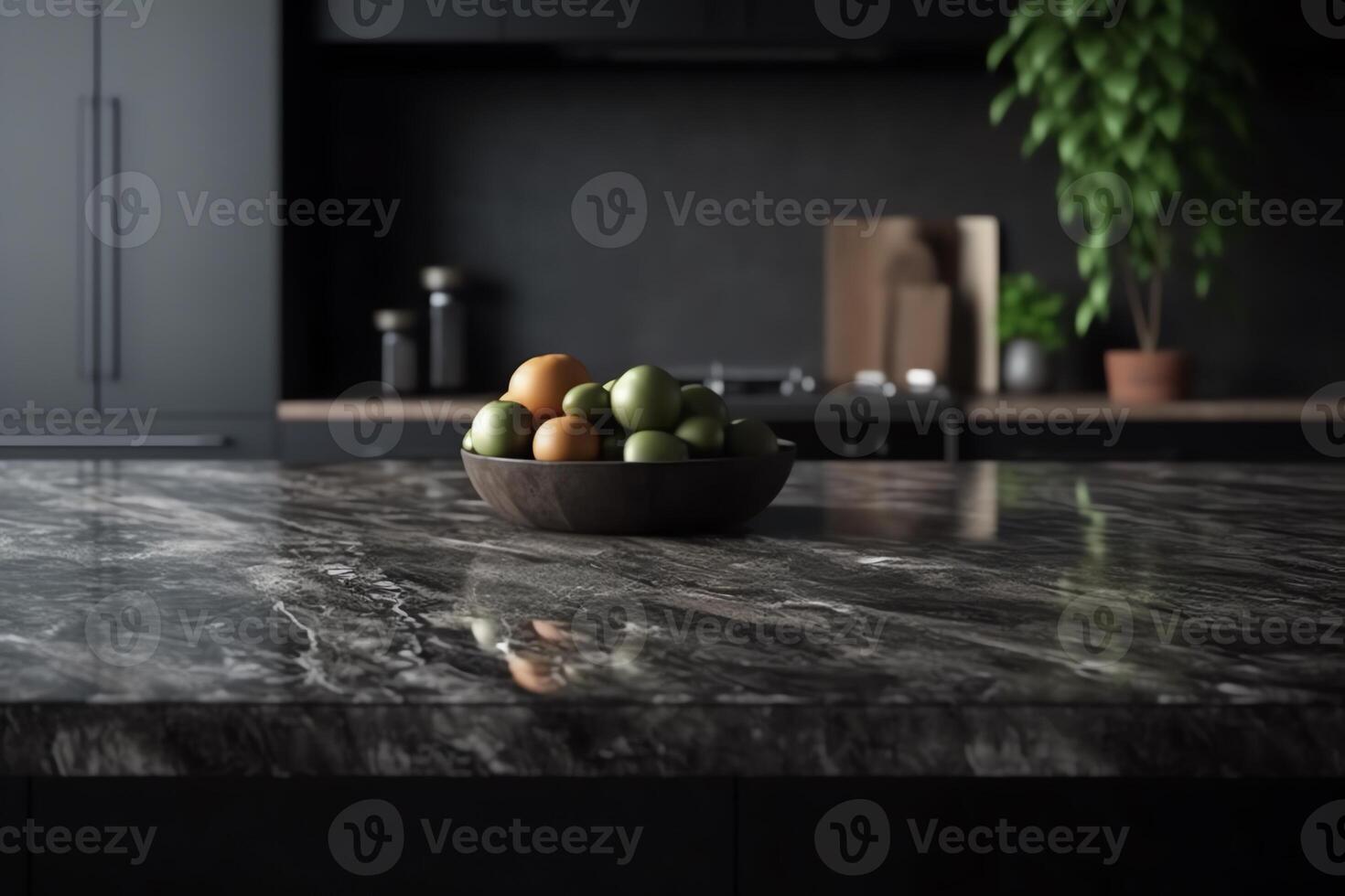 Modern empty dark marble table top or kitchen island on blurry bokeh kitchen room interior background montage product display digital ai art. photo