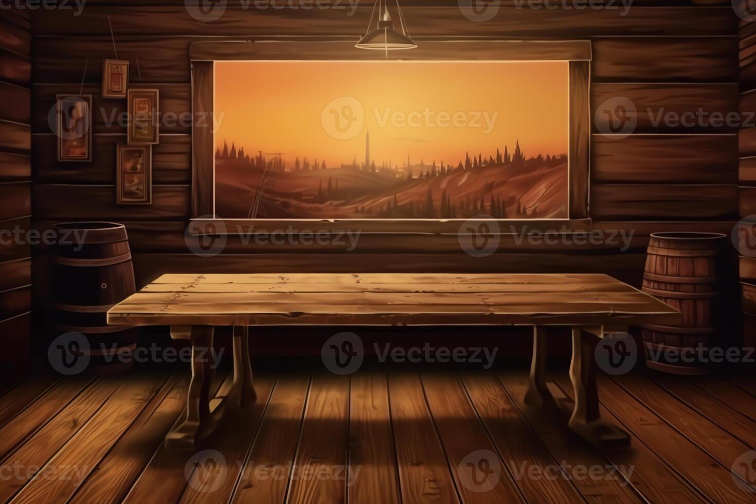 Wild west wood table saloon table mockup product display perspective template illustration. photo