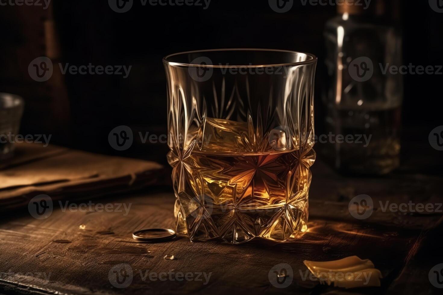 vaso de whisky con hielo todavía vida brandy Borbón en un marrón de madera mesa rústico estilo alcohol bebida Ron escocés es generado con el utilizar de un ai. ai generado foto