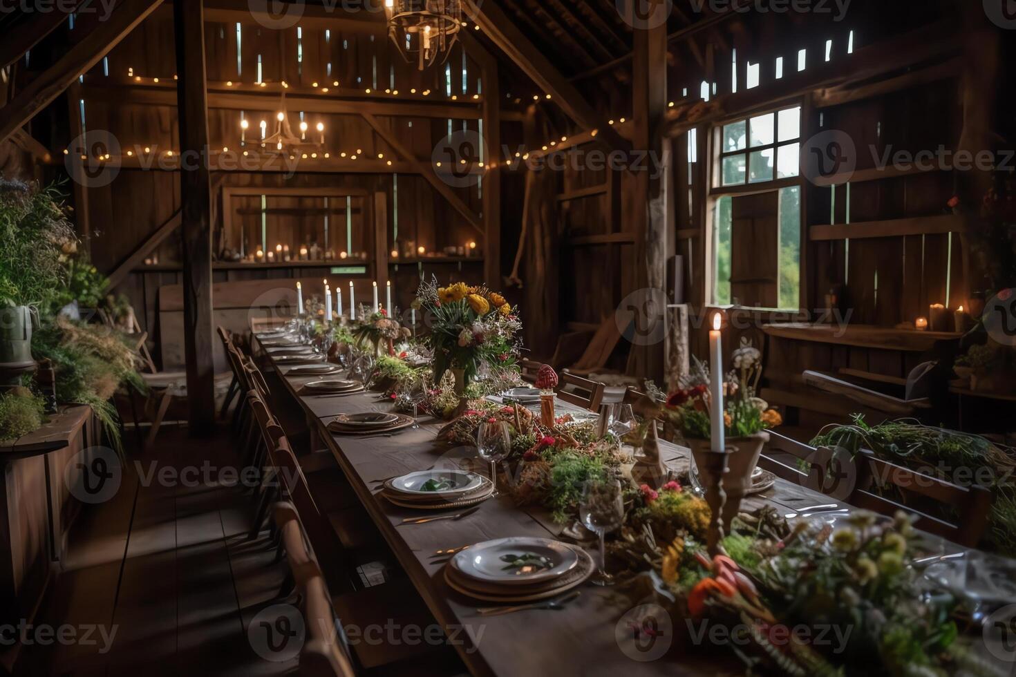 A rustic barn wedding with string lights and wildflowers. photo