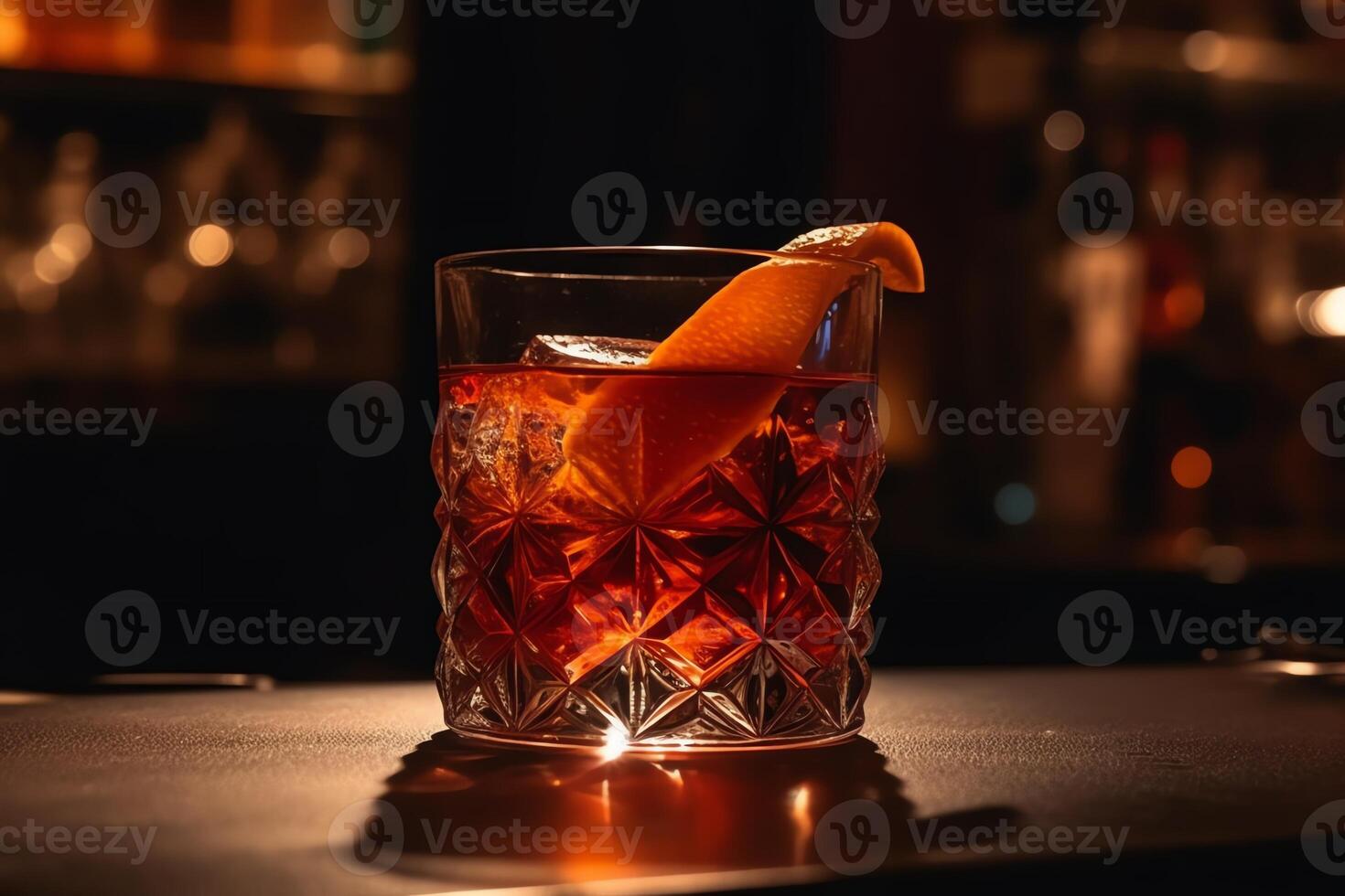 Close up of a negroni cocktail at vintage bar bokeh light. photo