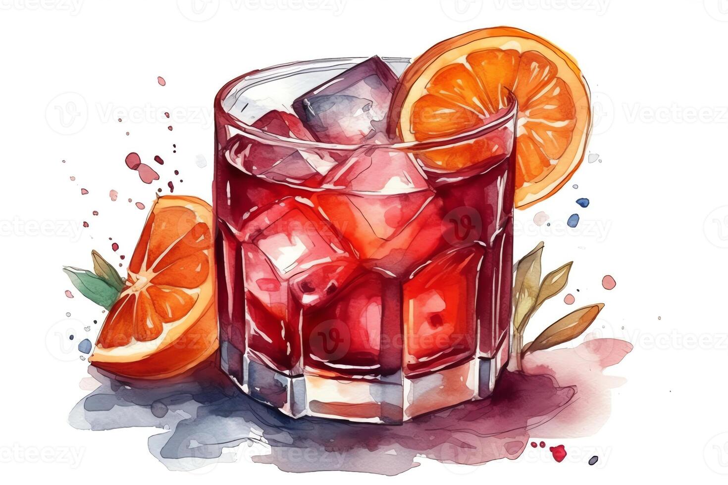 Negroni cocktail watercolor hand drawn illustration drink clipart on white background. photo