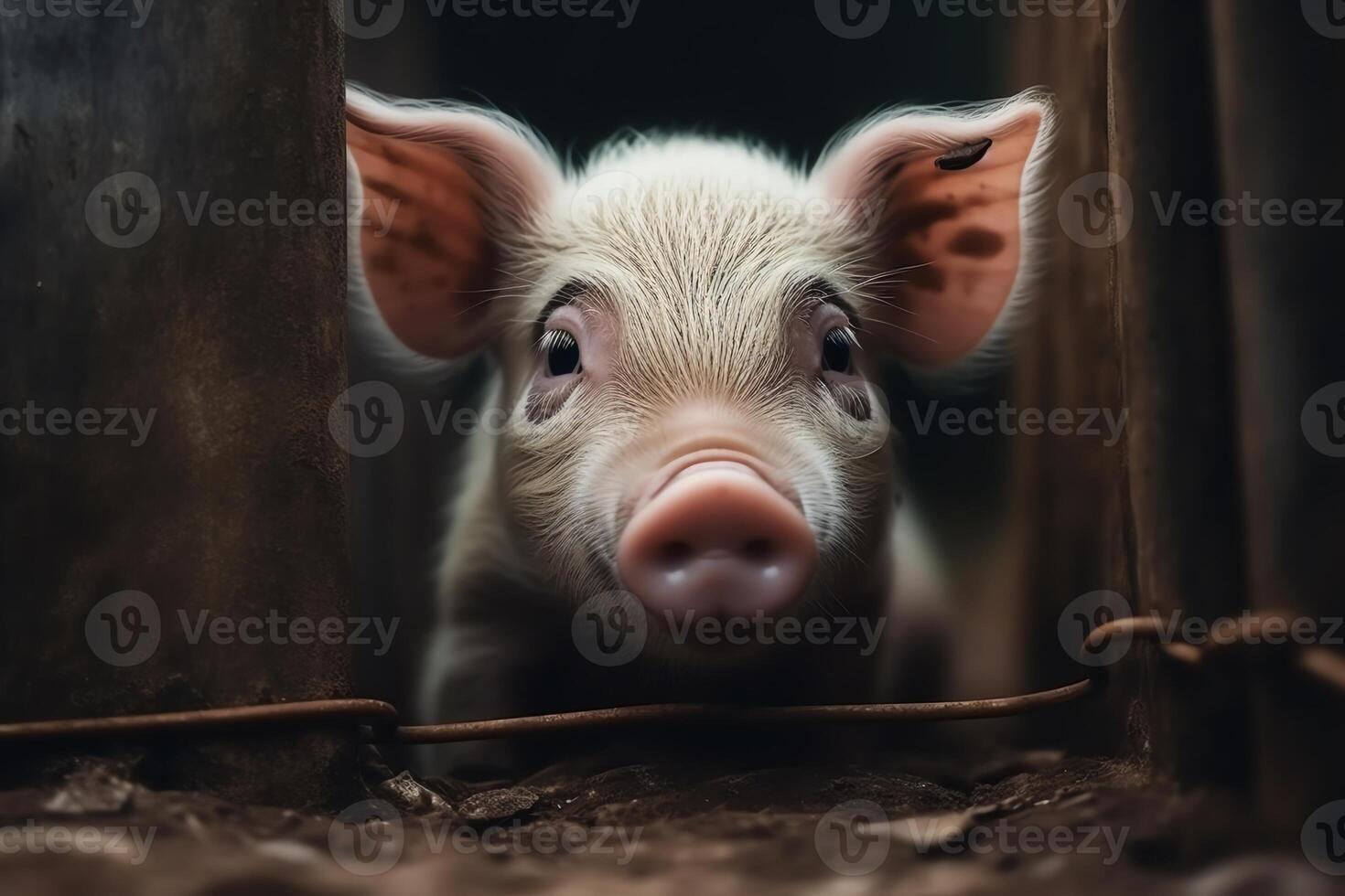 Little pretty baby pig peeking out from behind fence at pig farm. photo