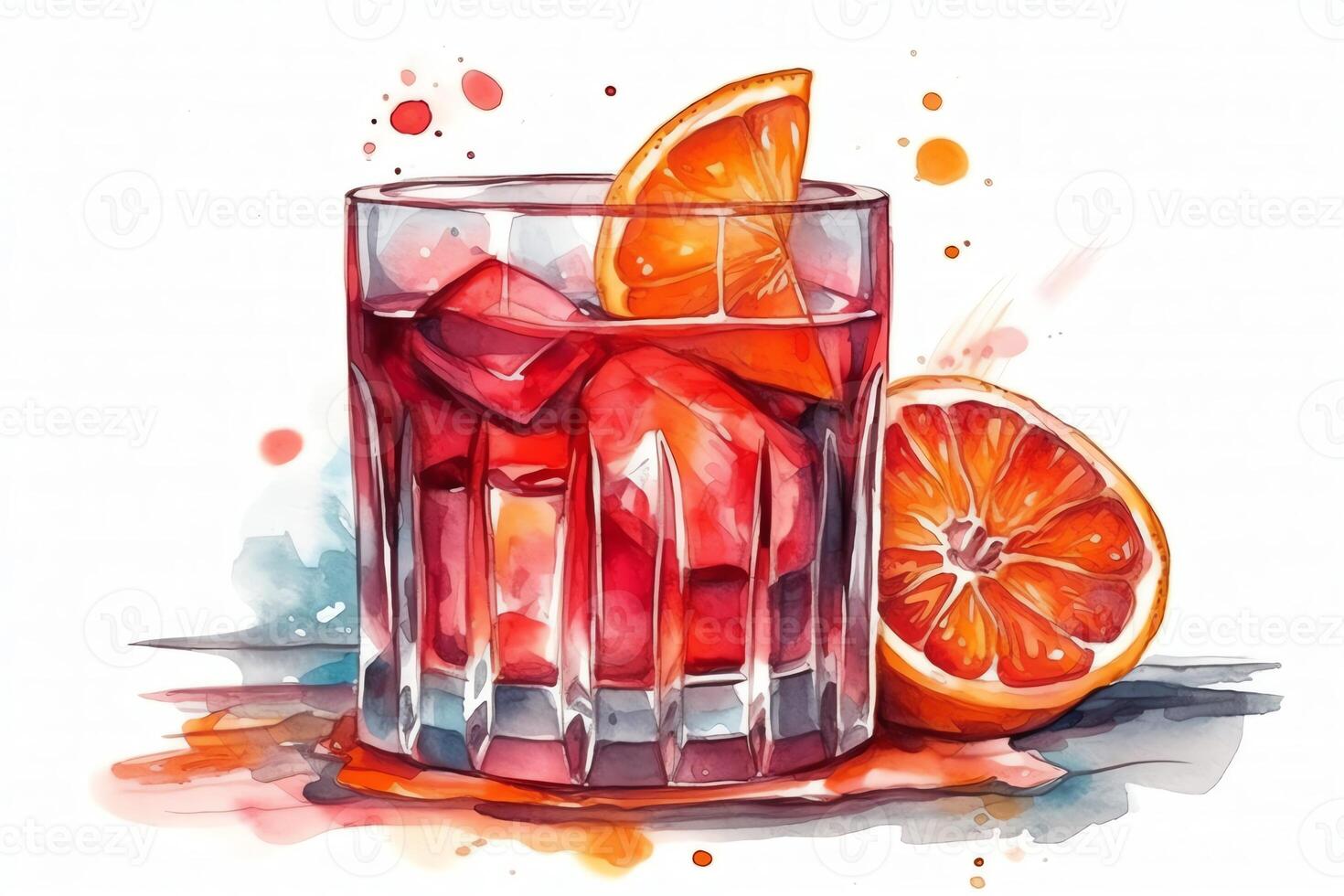 Watercolor negroni cocktail. photo