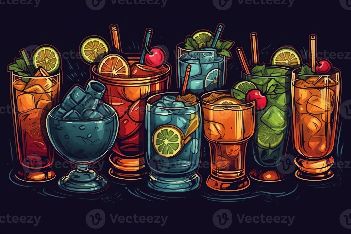 Set of cocktail drinks in the style of a board drawing. photo