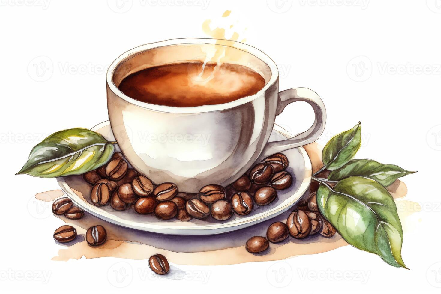 Cup of morning coffee with coffee beans watercolor hand drawn illustration isolated on white background. photo