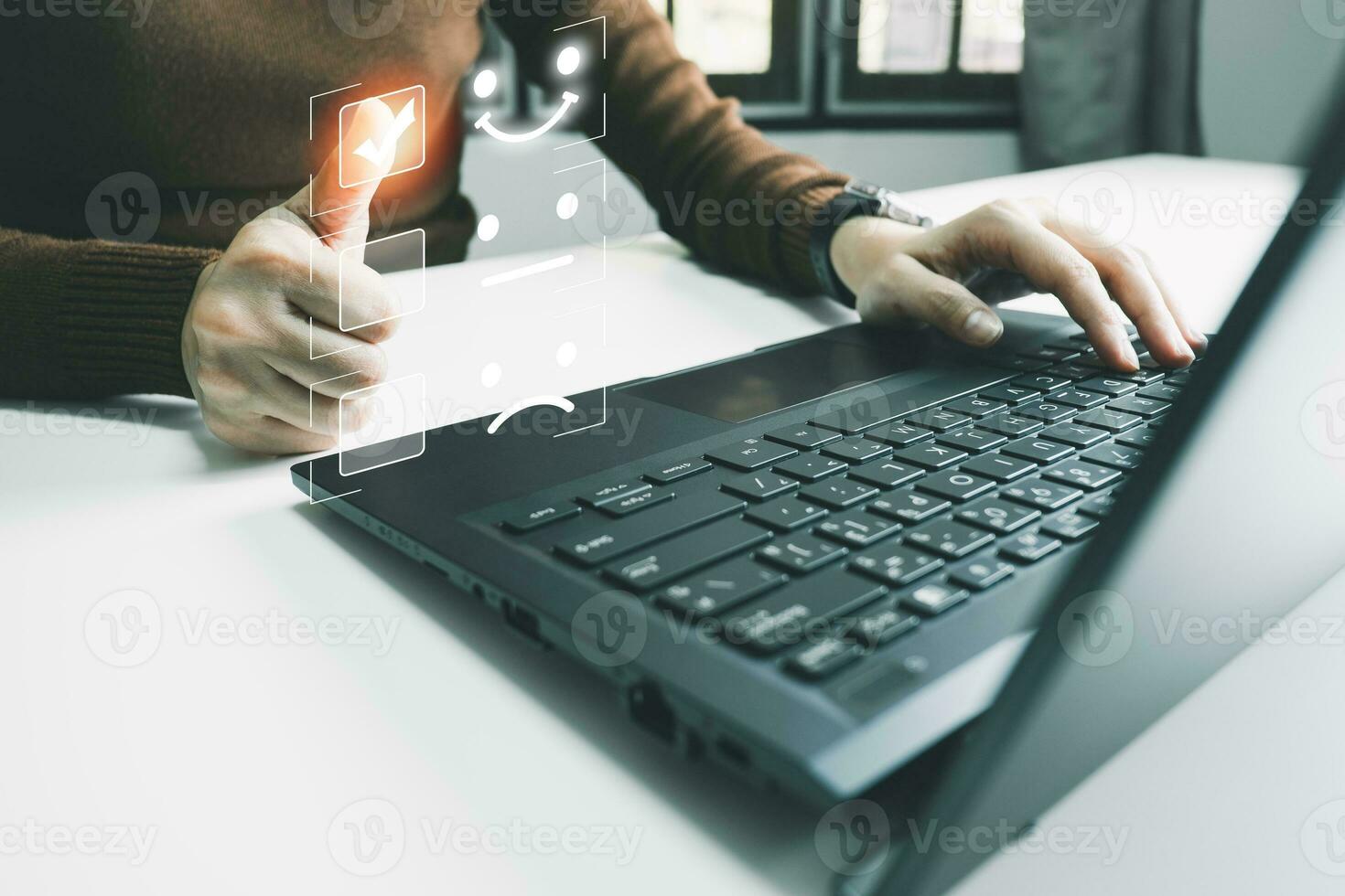 Concept of customer satisfaction and service, businesswoman using laptop to express their opinions, answers and satisfied scores. photo