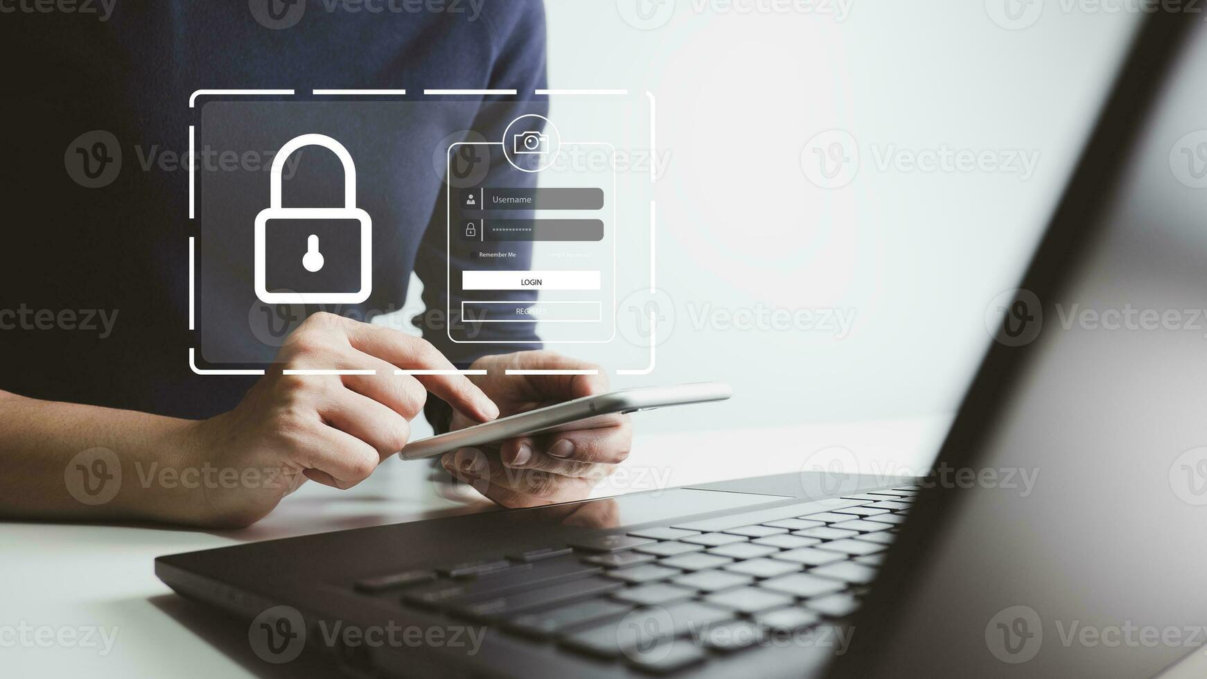 Verification of information with finger print by smart phone, Internet security, online financial transaction, 2-step verification, confirm transaction and identity. photo