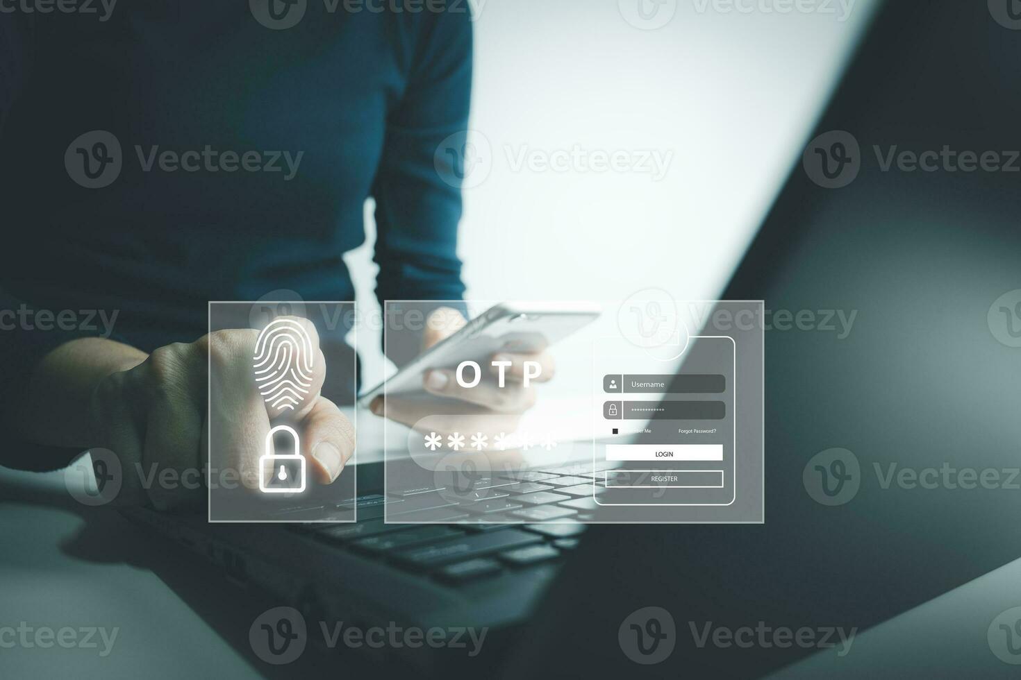 Verification of information with finger print by smart phone, Internet security, online financial transaction, 2-step verification, confirm transaction and identity. photo