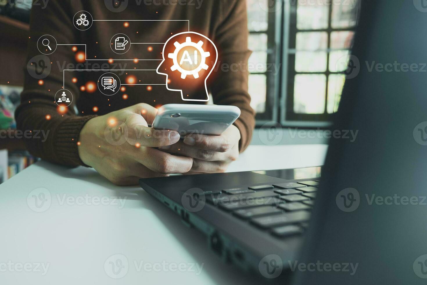AI technology, Artificial Intelligence, Chatbot Chat and talk with AI, Using laptop for search and find data by command prompt, robot learning machine create or generate picture or article auto photo
