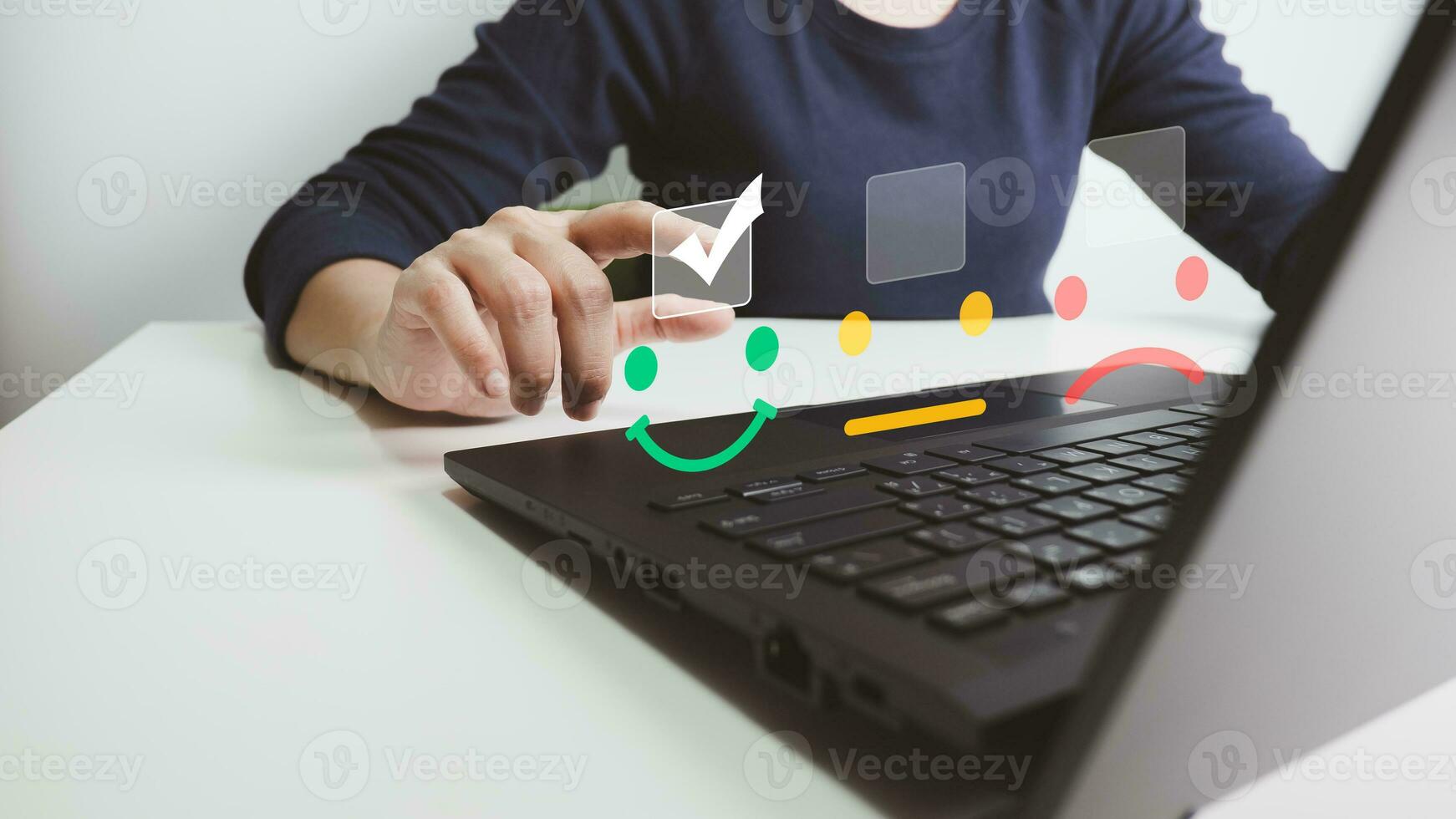 Concept of customer satisfaction and service, businesswoman using laptop to express their opinions, answers and satisfied scores. photo